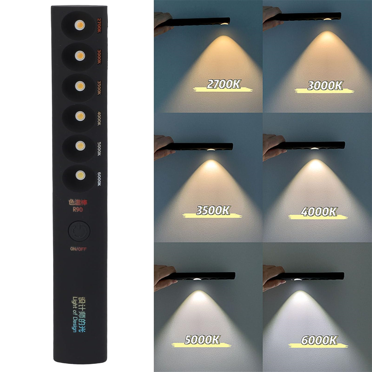 Ein schwarzer LED-Lichtstab zeigt verschiedene Lichttemperaturen vor einer grauen Wand.