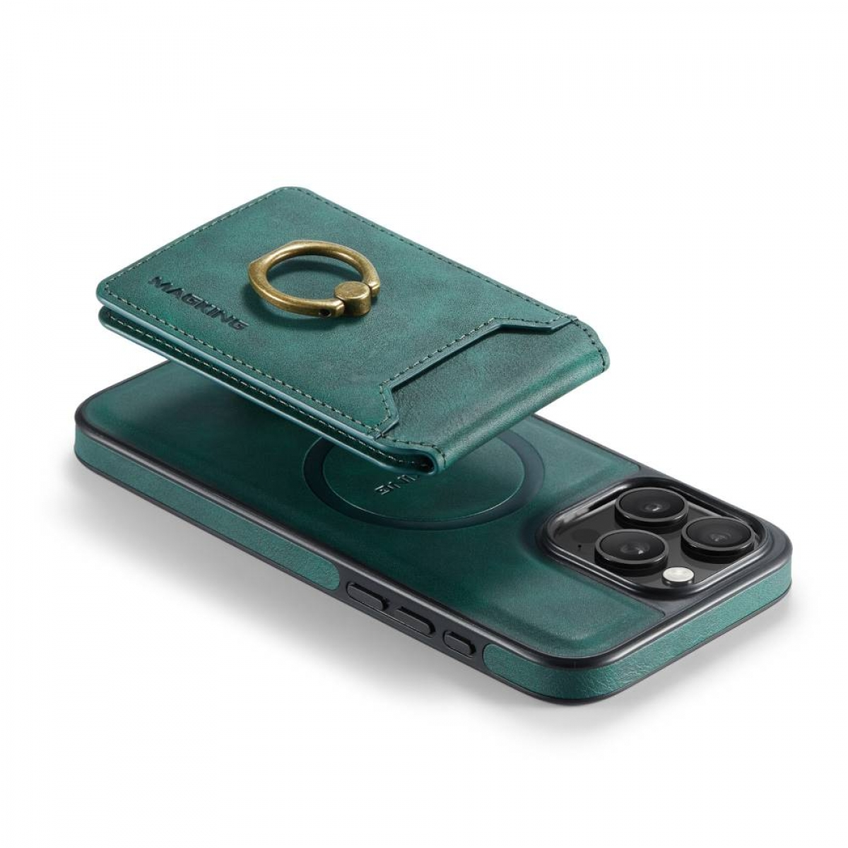 Grüne Handyhülle mit Ring und Kartenhalter. Das Telefon ist grün.
