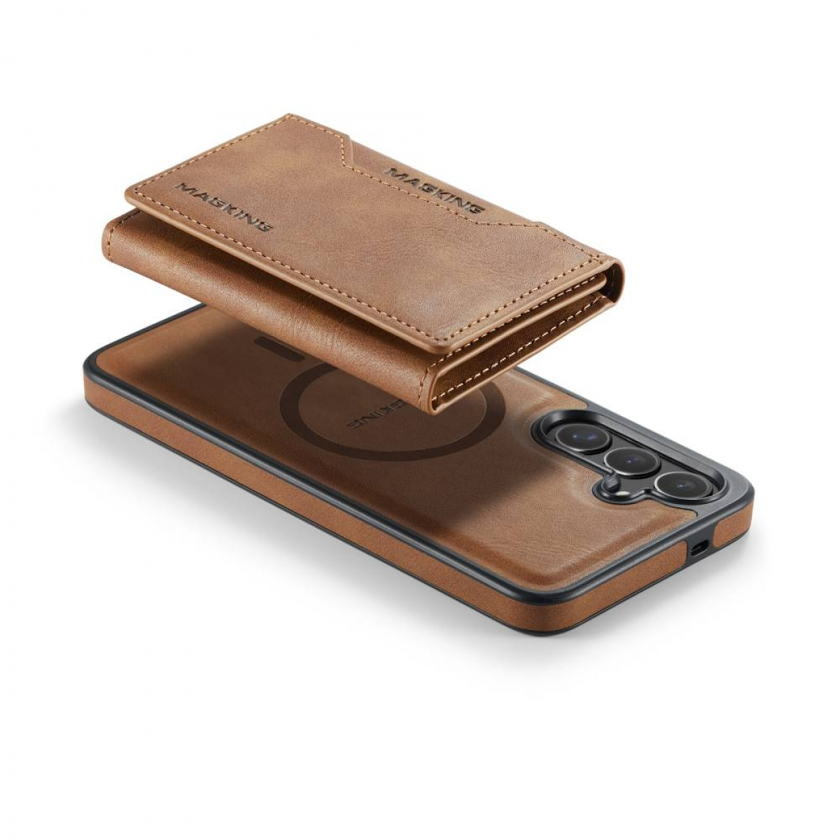 Braune Handyhülle mit Kartenhalter und Telefon. Das Telefon ist braun mit schwarzer Kamera und Rahmen.