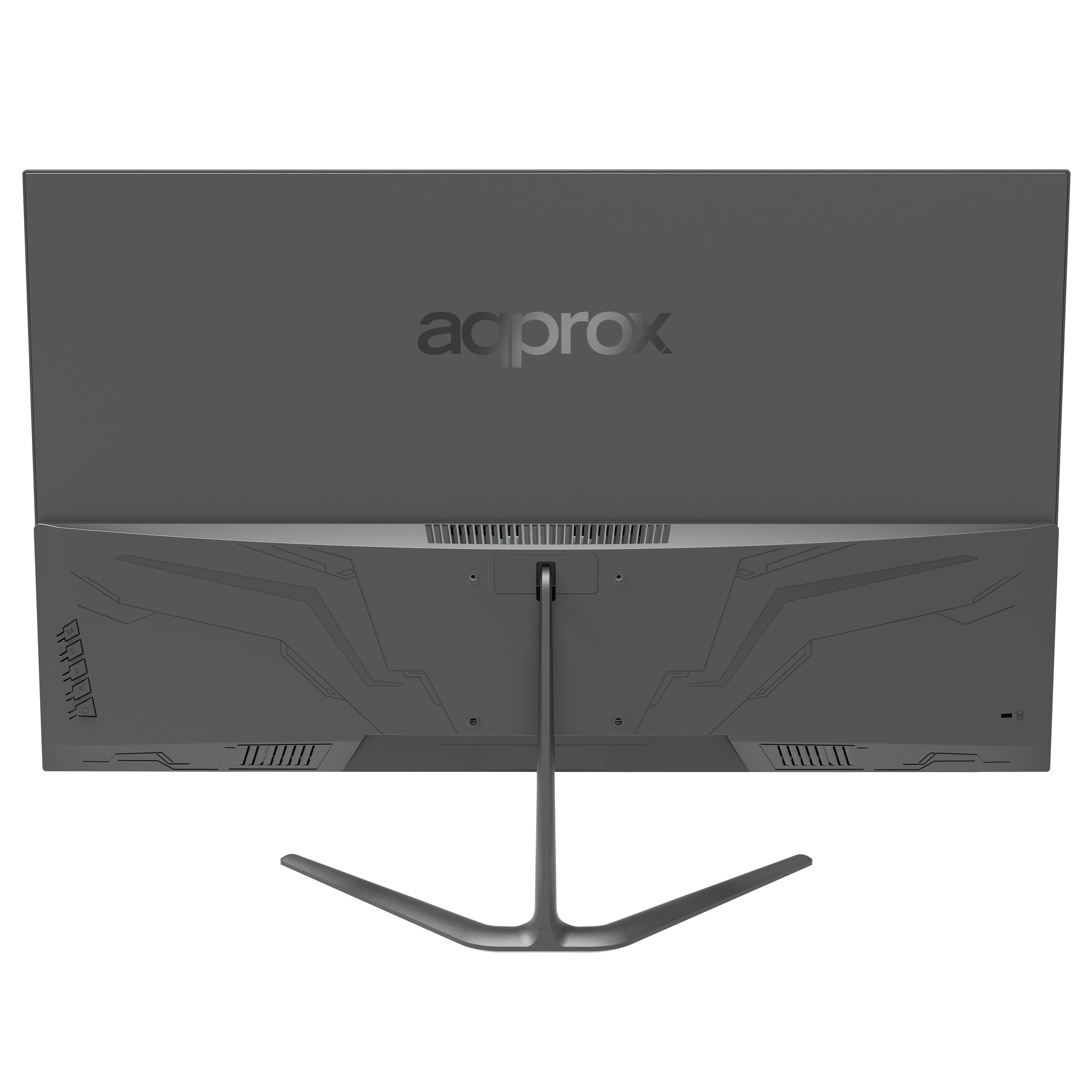 Widok z tyłu szarego monitora z logo 'acproX'. Stojak srebrny, tło białe.