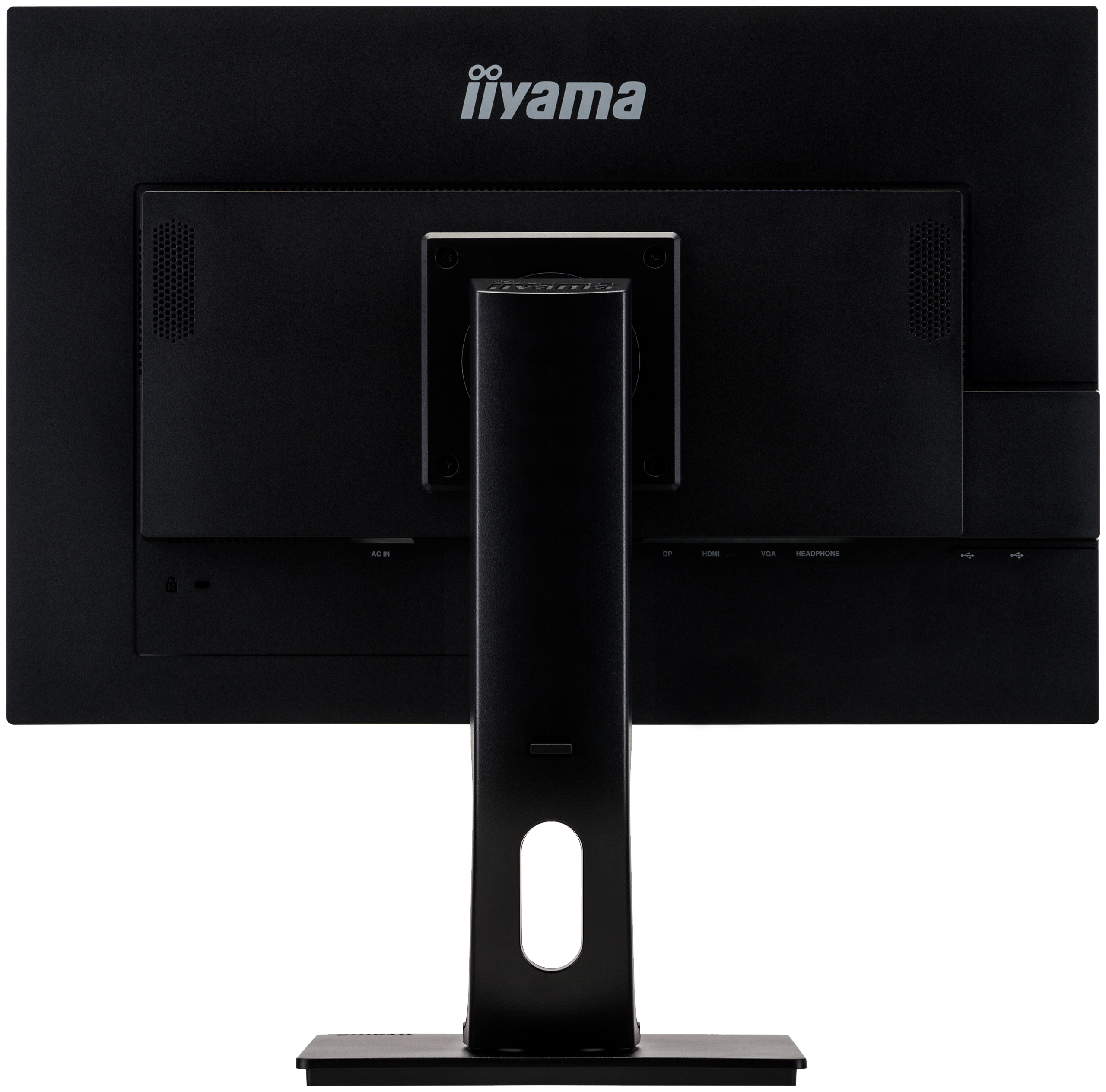 Vista posterior de un monitor IIyama negro que muestra puertos para AC IN, DP, HDMI, VGA y auriculares.