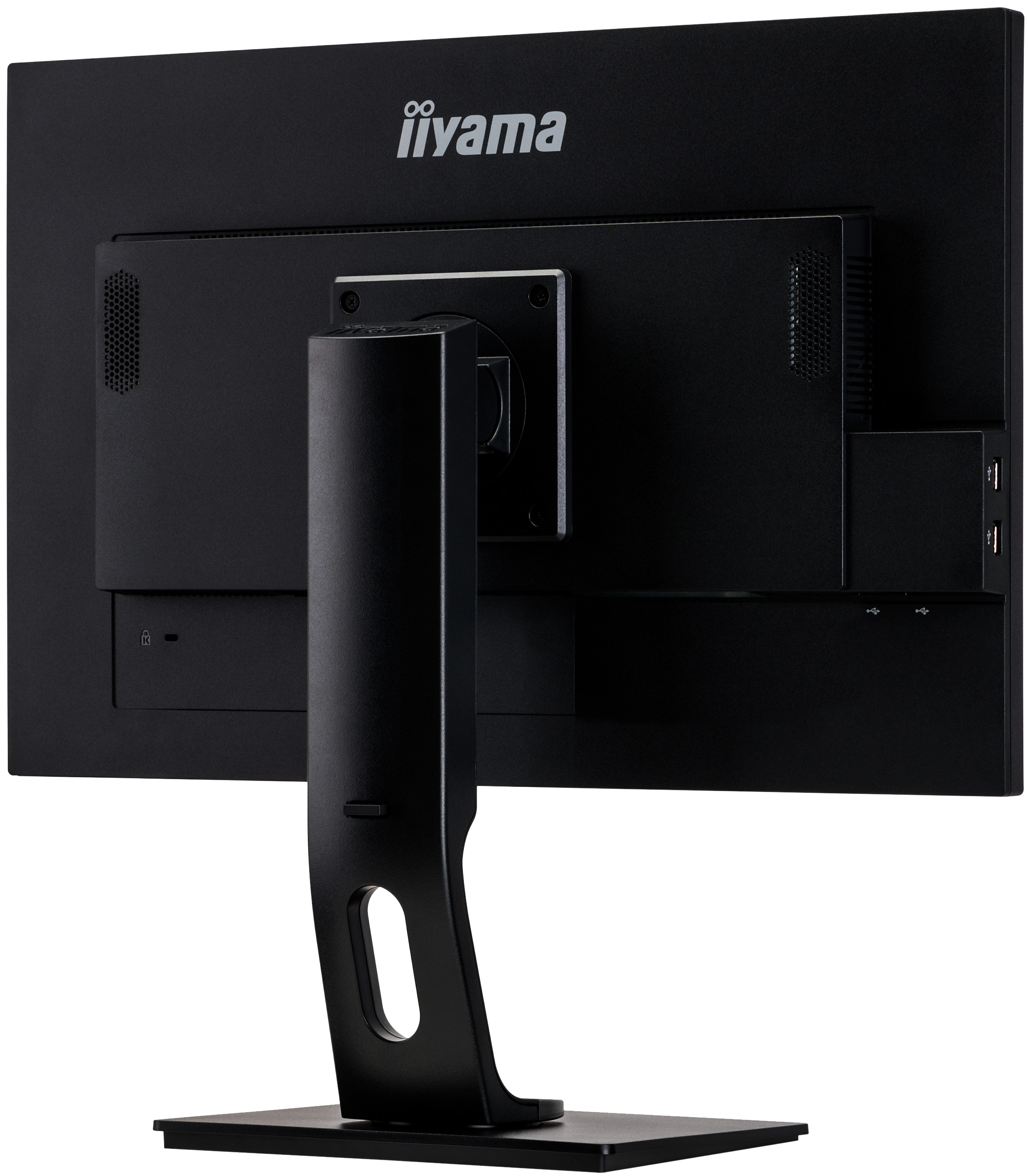 Parte trasera de un monitor Iiyama, negro, con soporte y puertos.