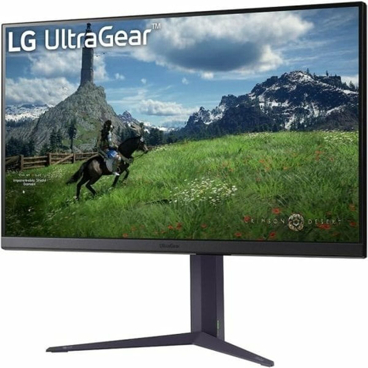 Monitor LG UltraGear wyświetlający scenę z jeźdźcem na koniu na polu i górami.