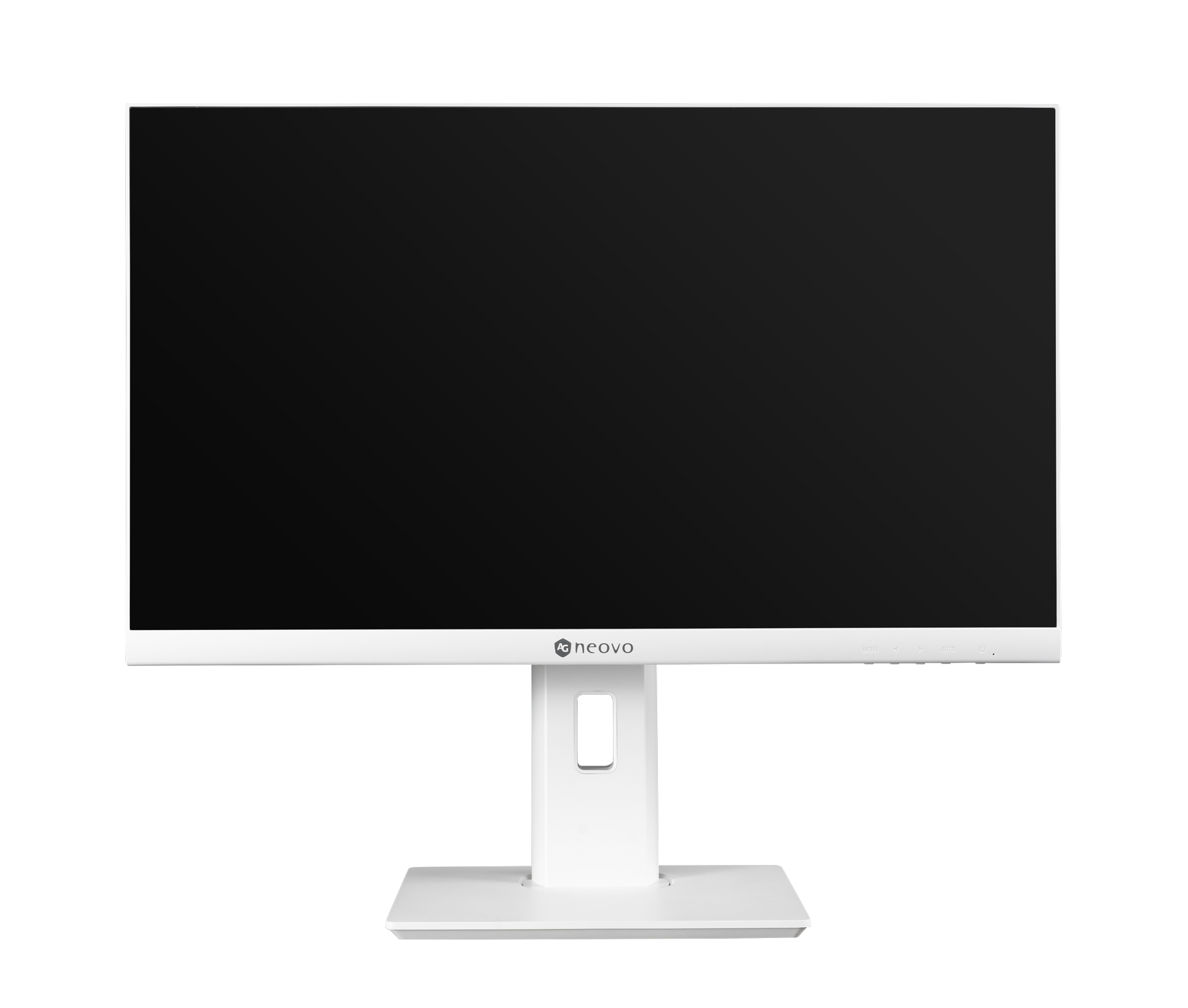 Biały monitor Neovo na białym stojaku, pokazujący czarny ekran.