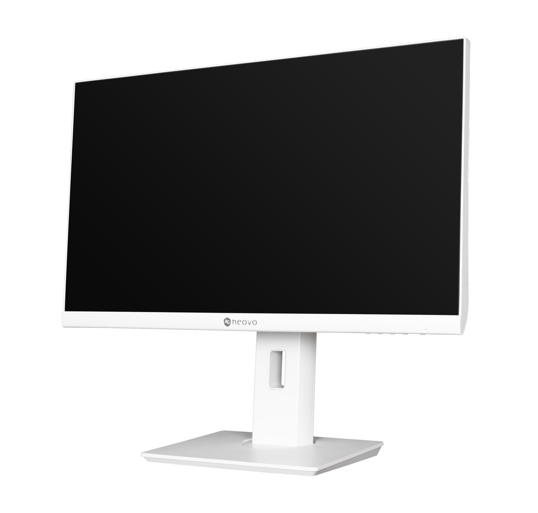 Biały monitor Neovo. Ma białą podstawę i czarny ekran.