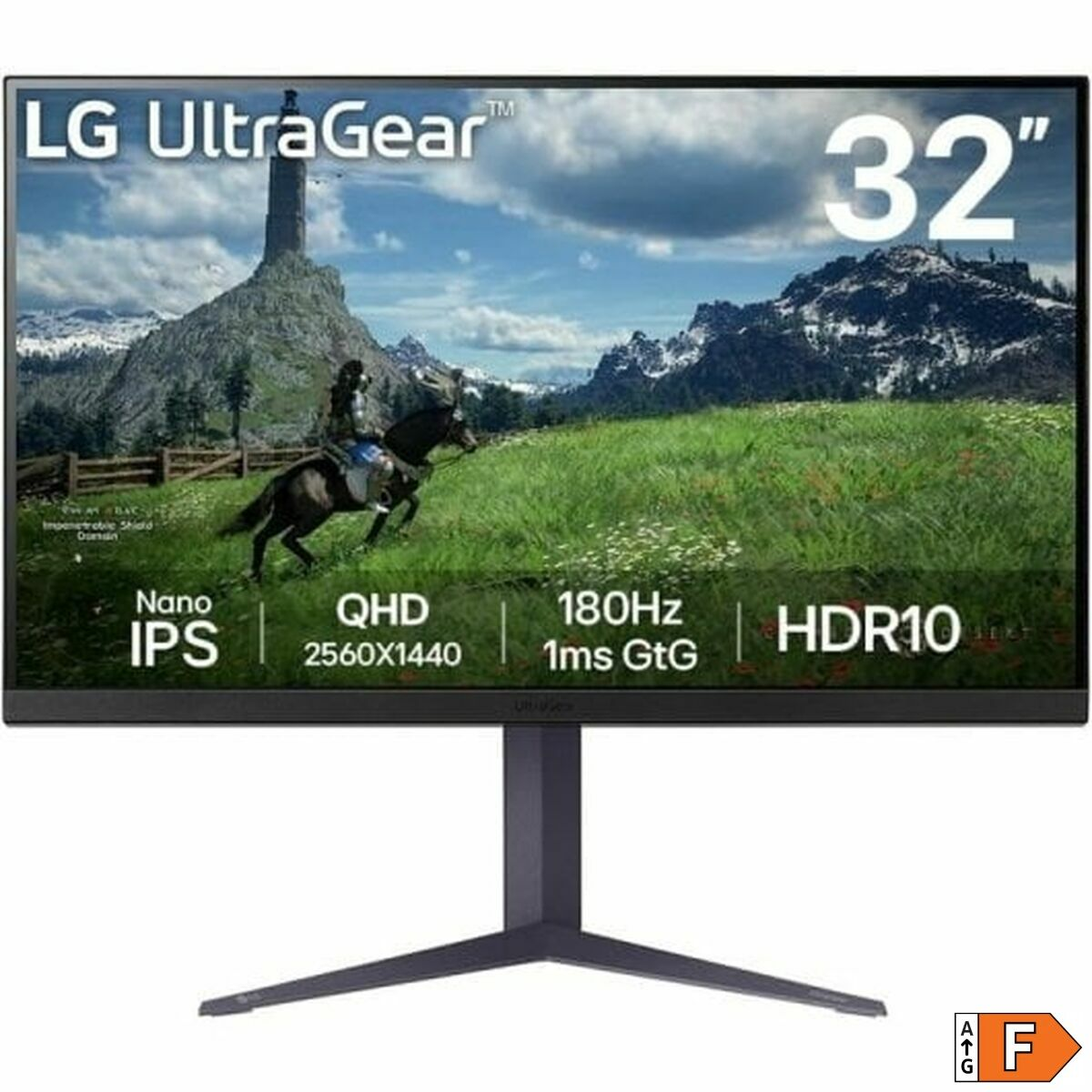 Monitor LG UltraGear ze sceną krajobrazową i specyfikacjami na dole.
