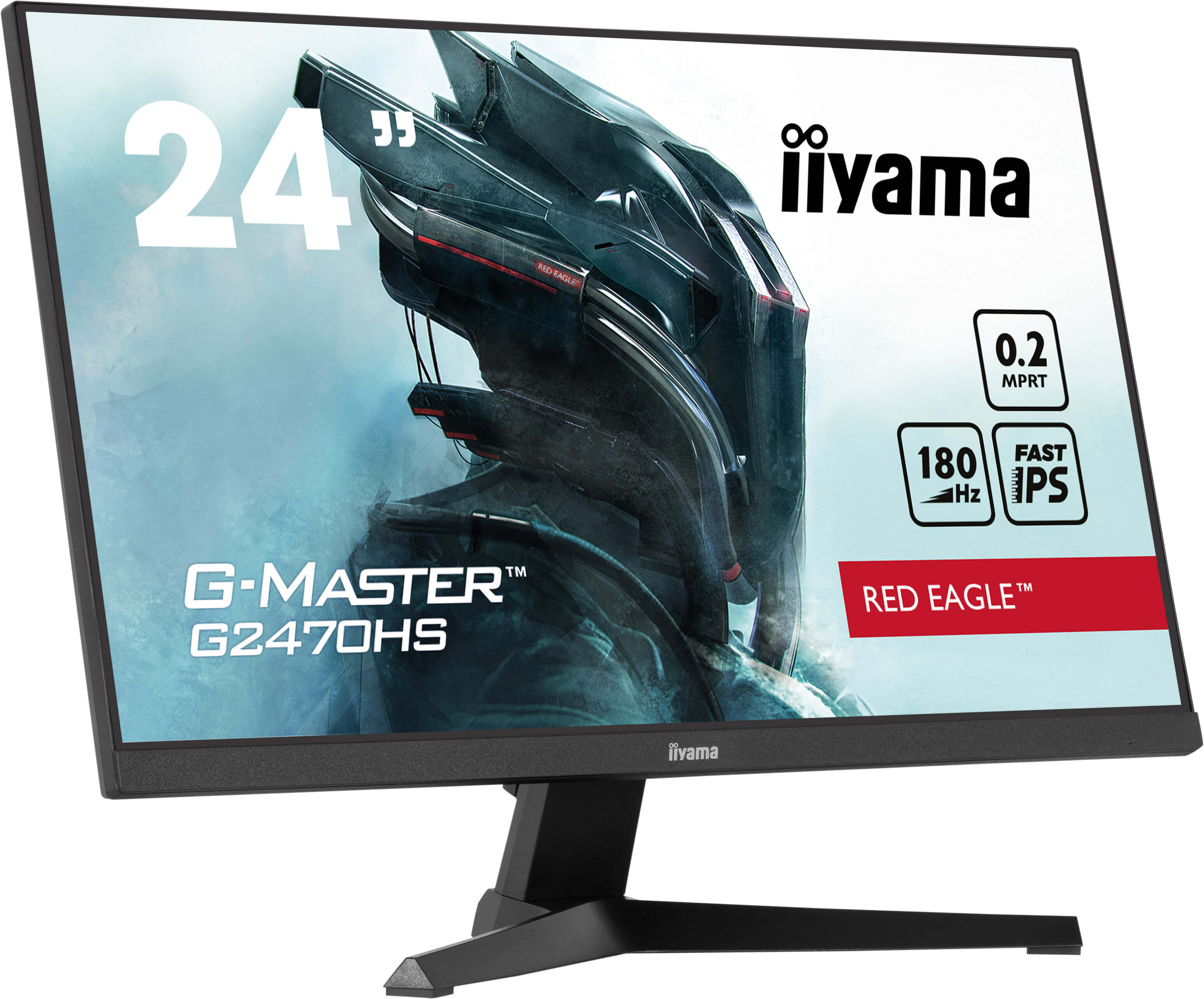 Monitor do gier Iiyama G-MASTER. Ekran wyświetla stylizowany wizerunek wojownika.