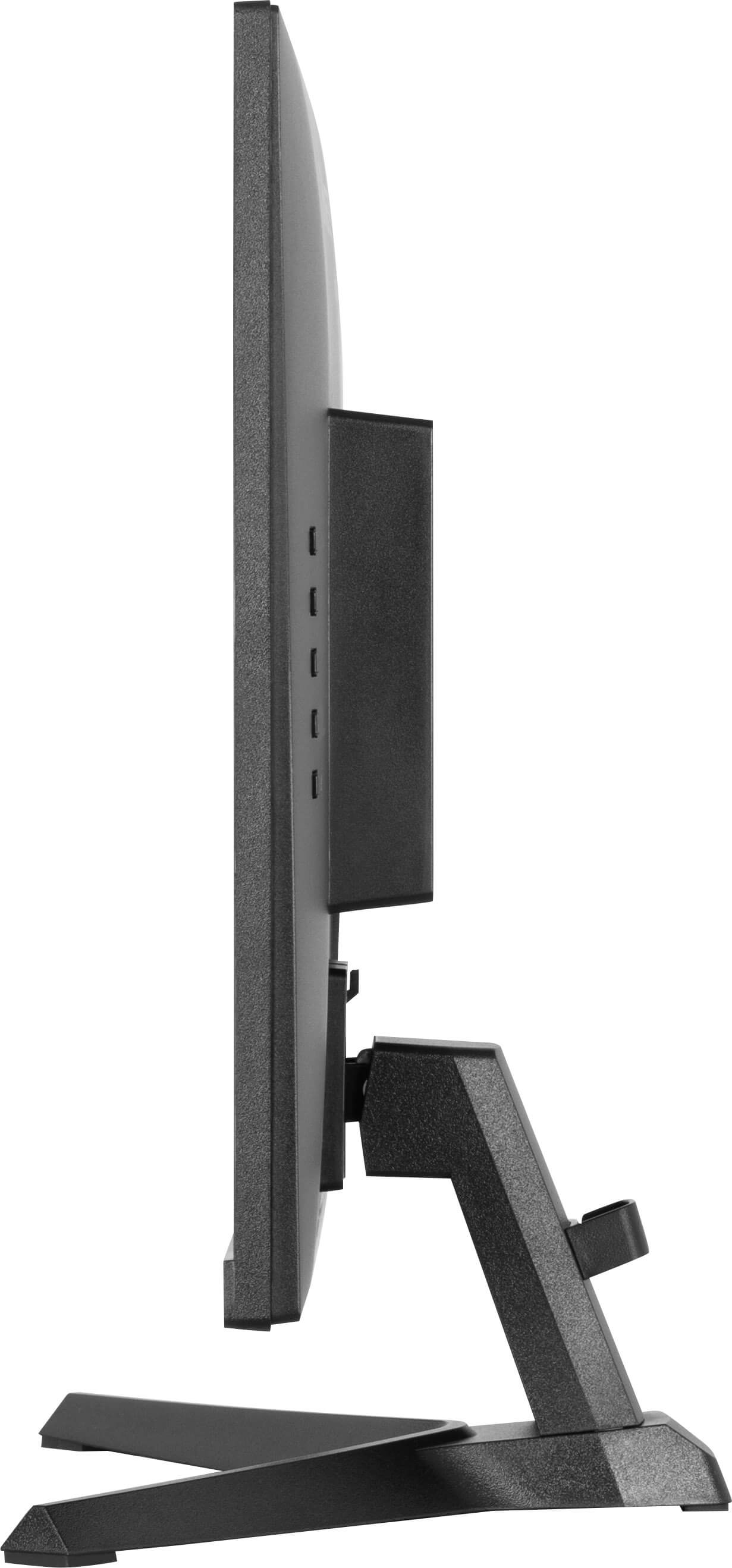 Widok z boku czarnego monitora. Podstawa ma charakterystyczny kształt litery V.