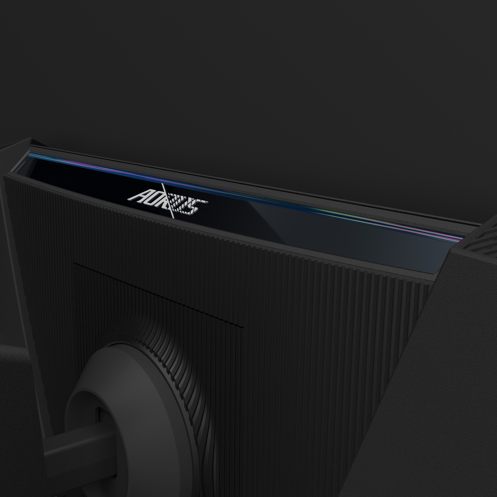 Zbliżenie na tył czarnego monitora AORUS z podświetlonym logo i otworami wentylacyjnymi.