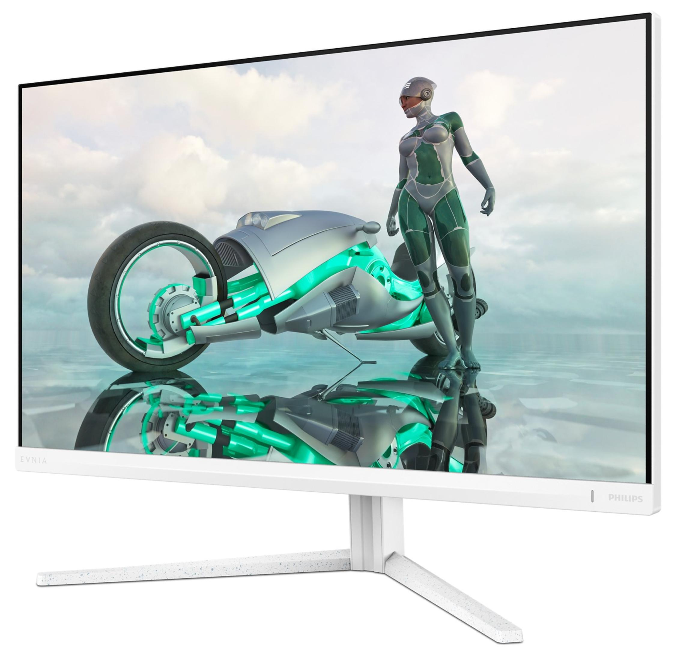 Biały monitor wyświetlający futurystyczny obraz kobiety z pojazdem, odbiciami i białym stojakiem.