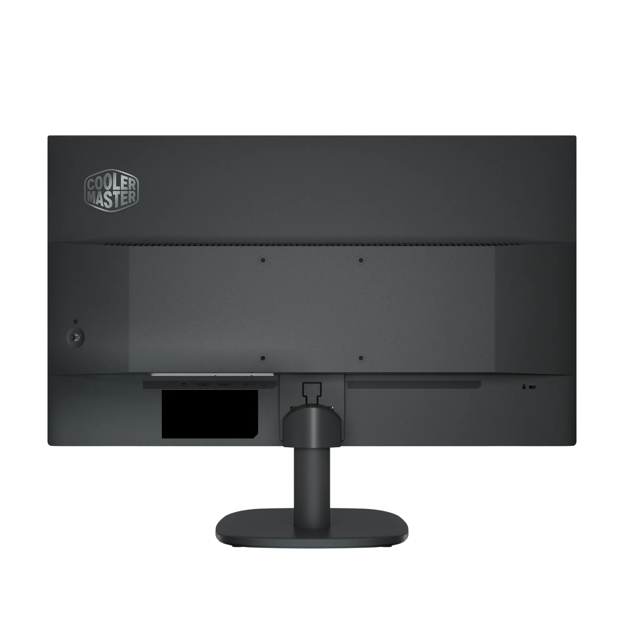 Vista trasera de un monitor negro con logo Cooler Master. Soporte negro, fondo blanco.