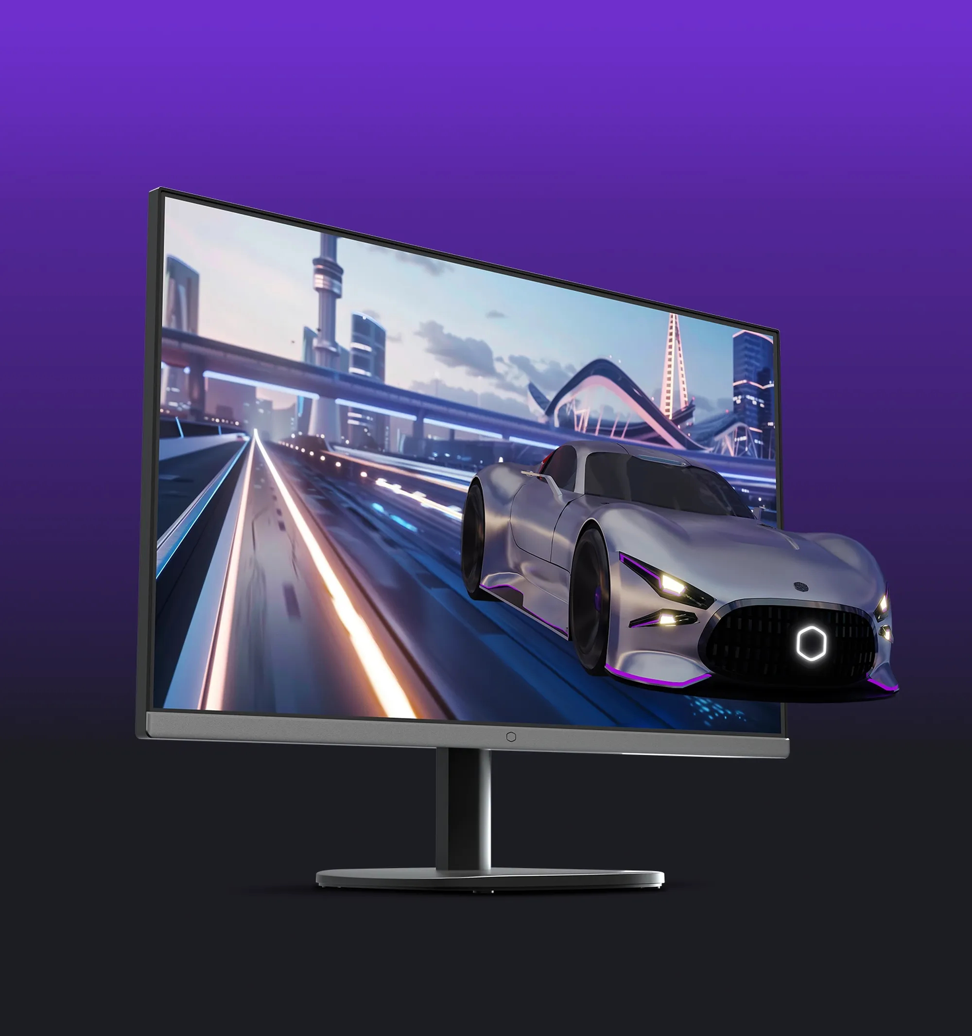 Un monitor de computadora con un coche de carreras en pantalla, contra una ciudad futurista.
