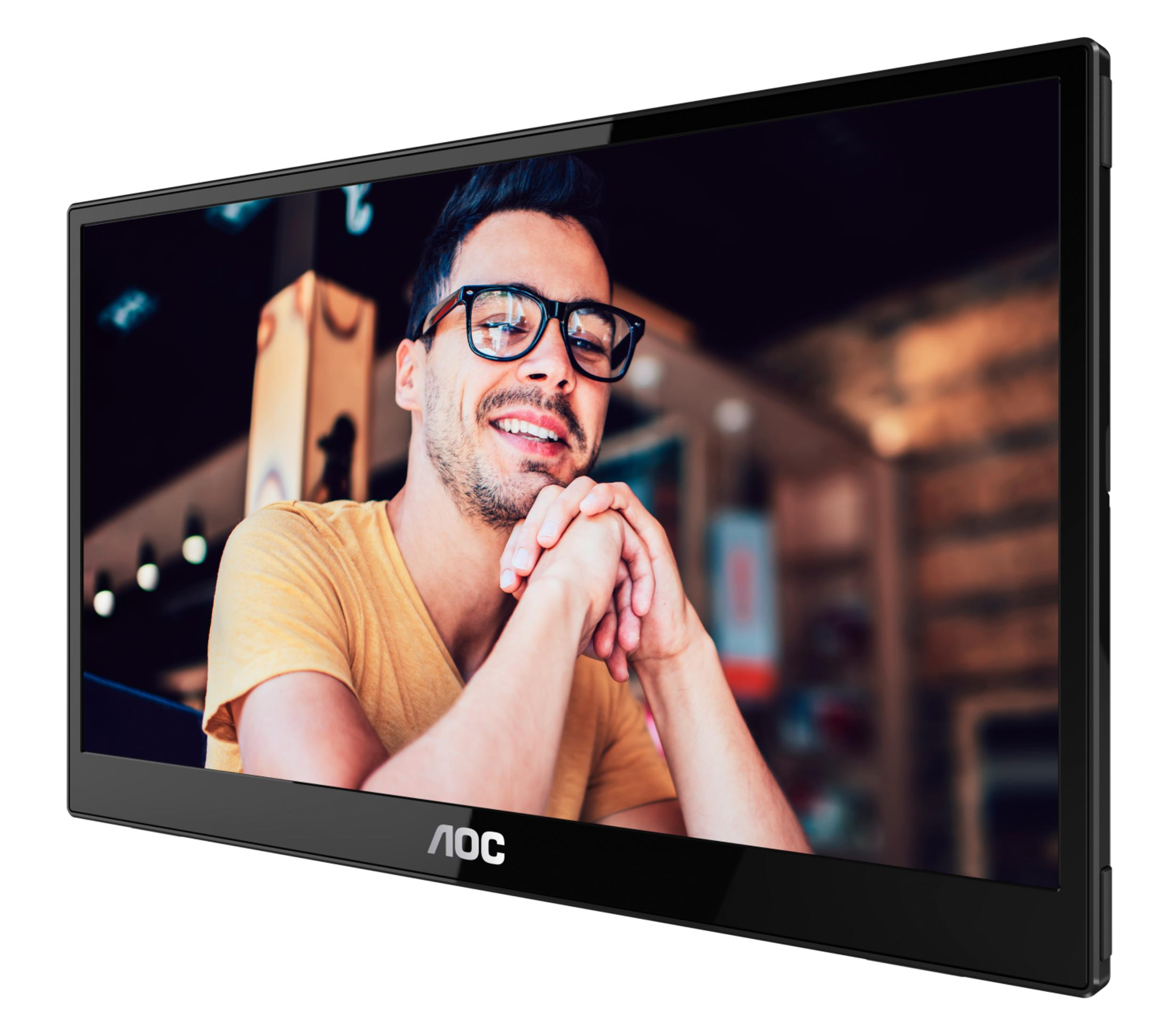 Mężczyzna w okularach na monitorze. Widoczne logo AOC. Tło jest rozmyte.