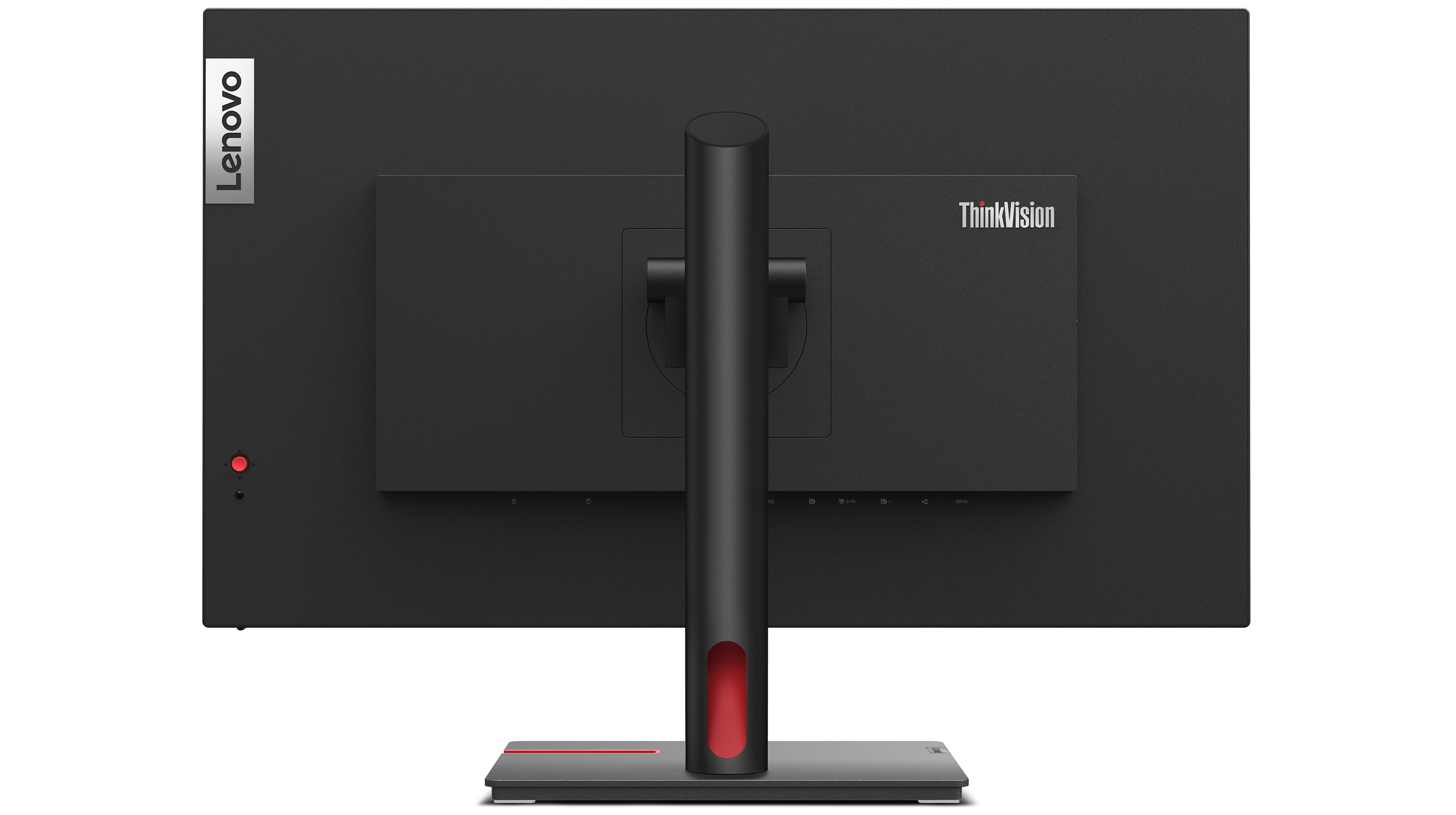 La parte posterior de un monitor negro Lenovo ThinkVision sobre un fondo blanco, que muestra los puertos y el soporte.