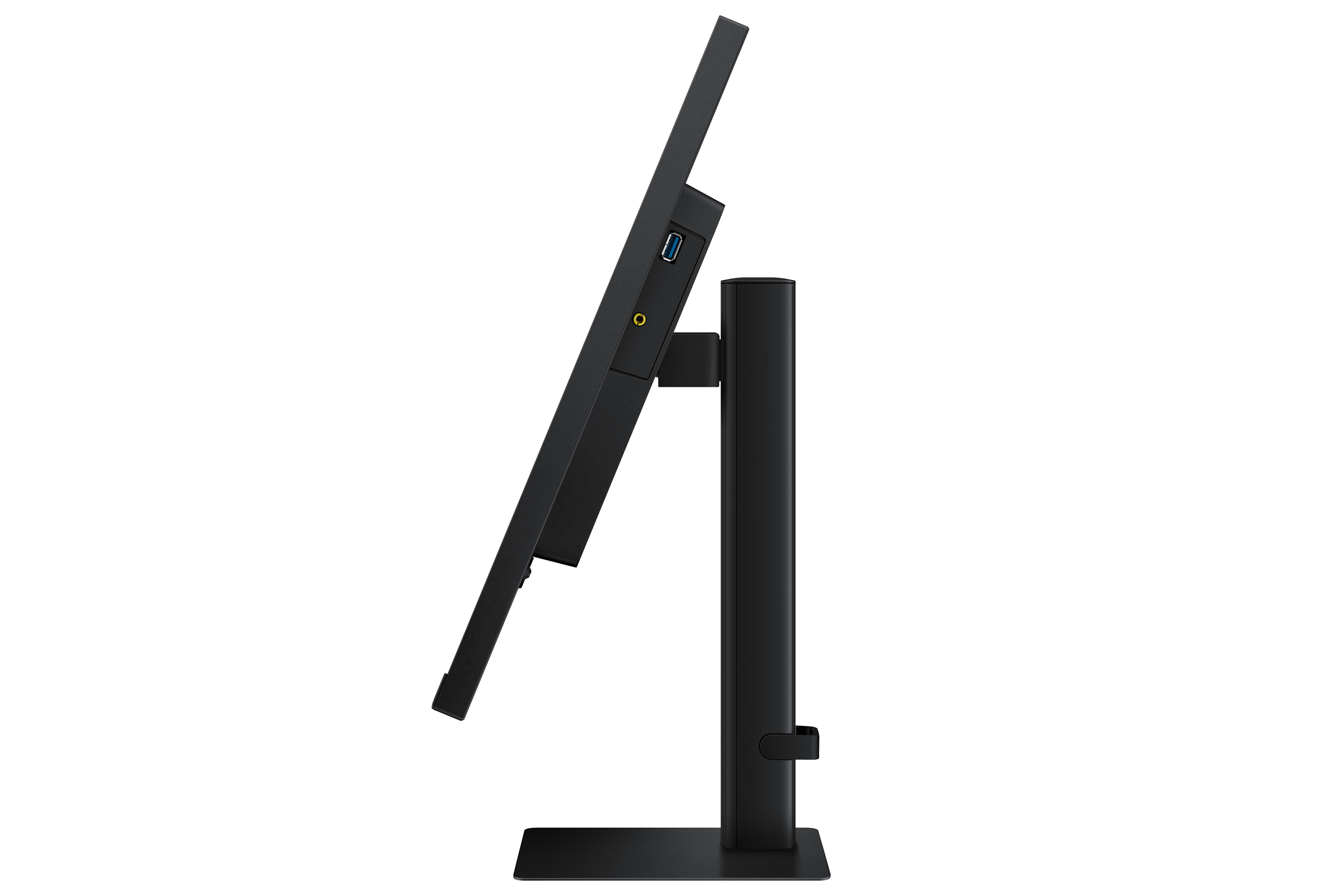 Czarny monitor z boku, z portami z tyłu. Stoi na czarnej podstawie. Białe tło.