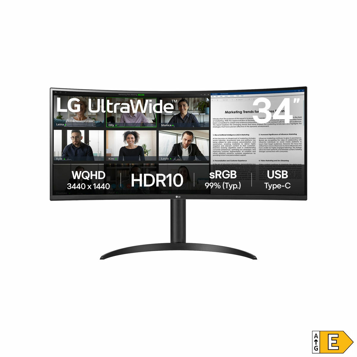 Un monitor LG curvo mostra una videochiamata, specifiche e le parole 'LG UltraWide'. È su un supporto nero.