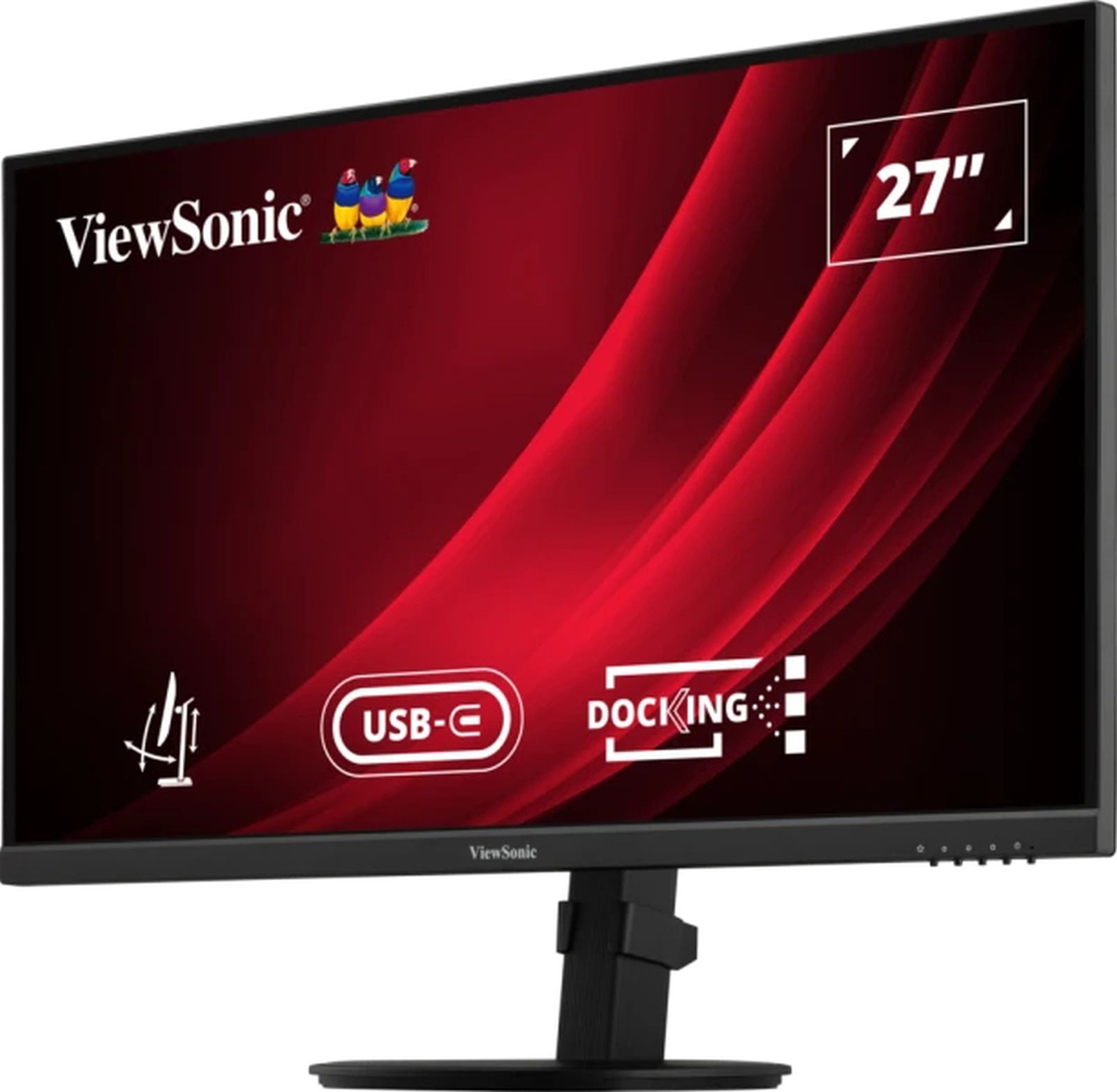 27-calowy czarny monitor z logo ViewSonic i czerwono-czarnym tłem.