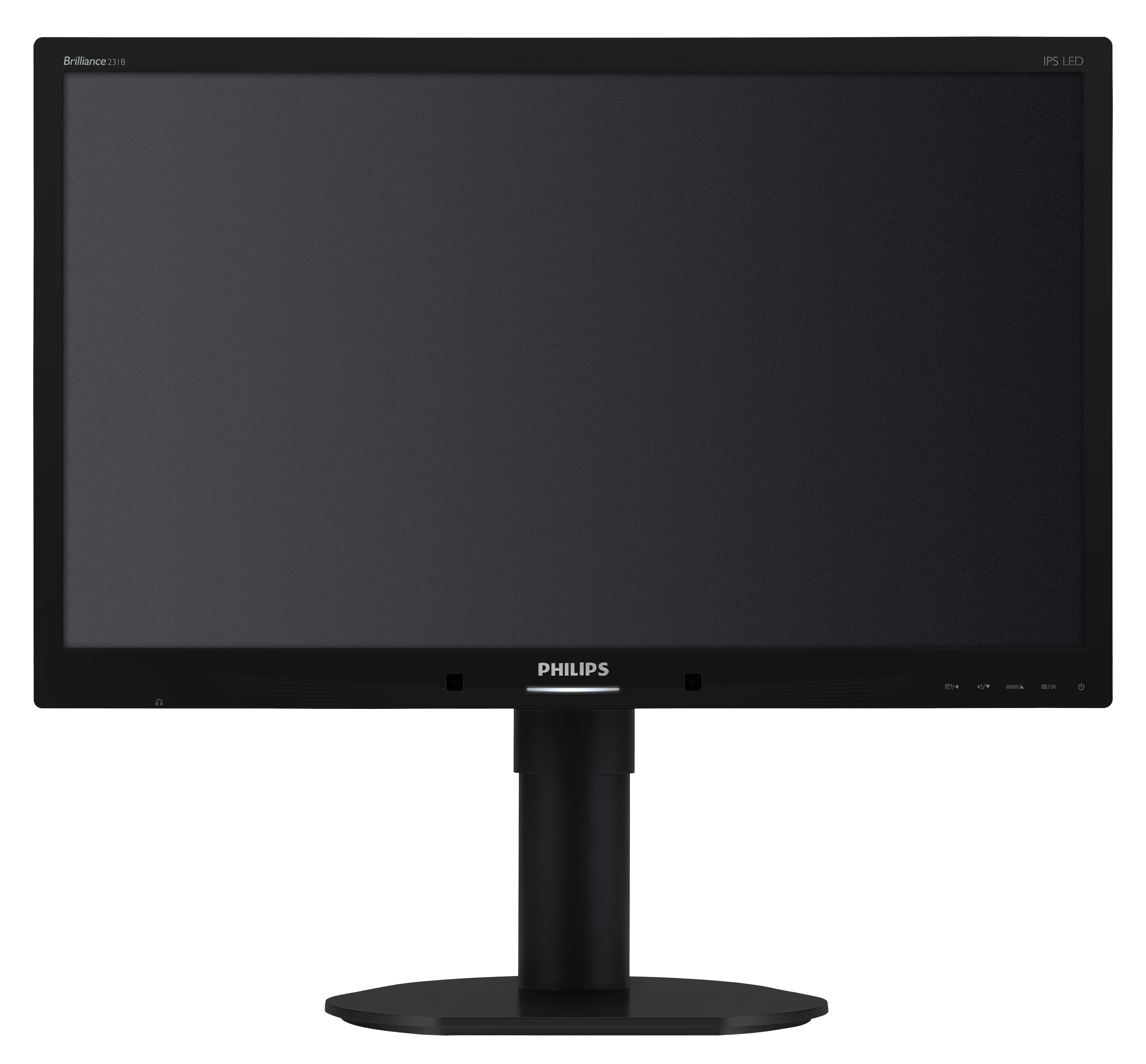 Un monitor per computer Philips nero con il logo Philips su un supporto nero.
