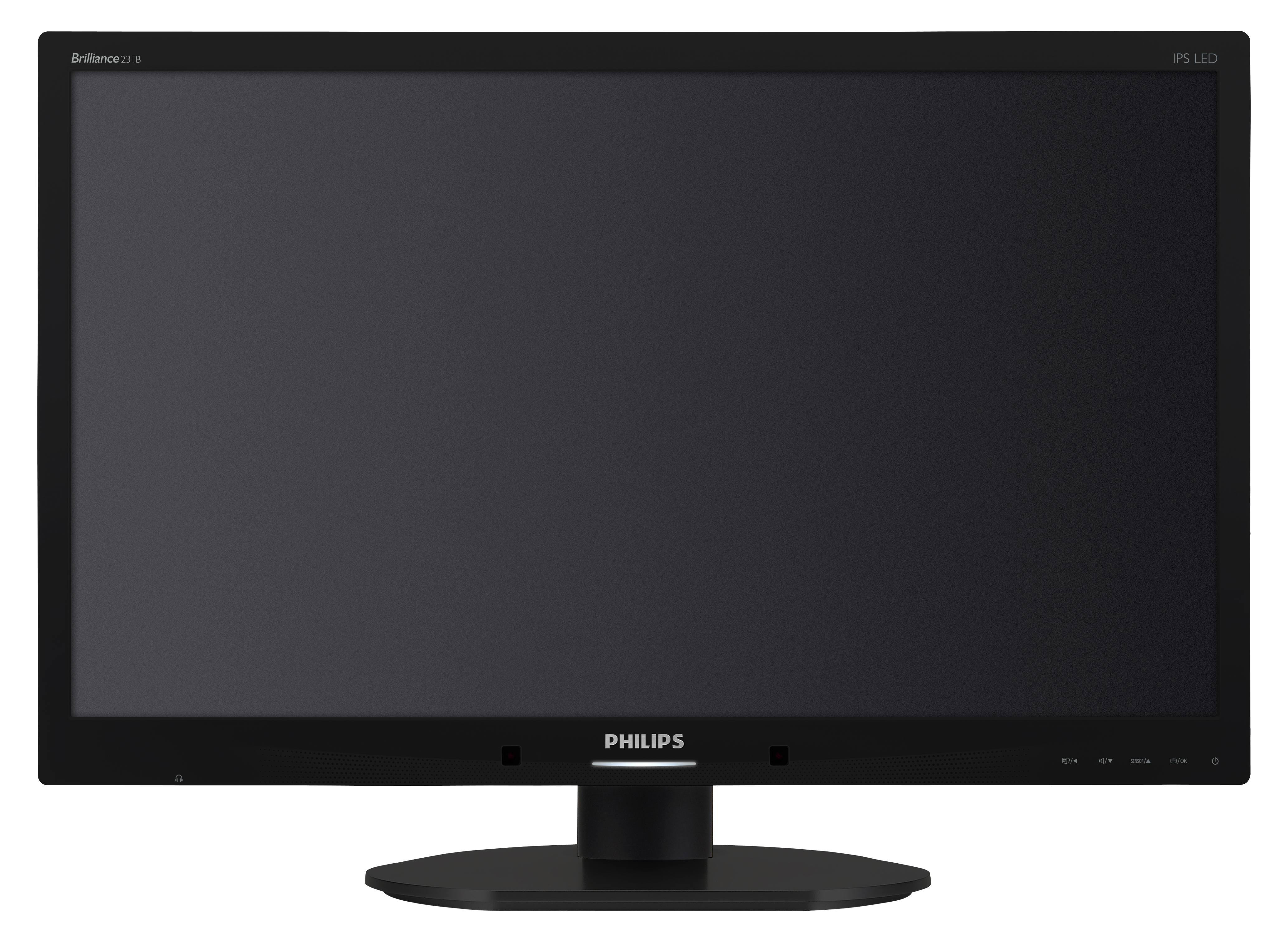 Monitor nero con la scritta Philips. Lo schermo è nero. Lo sfondo è bianco.