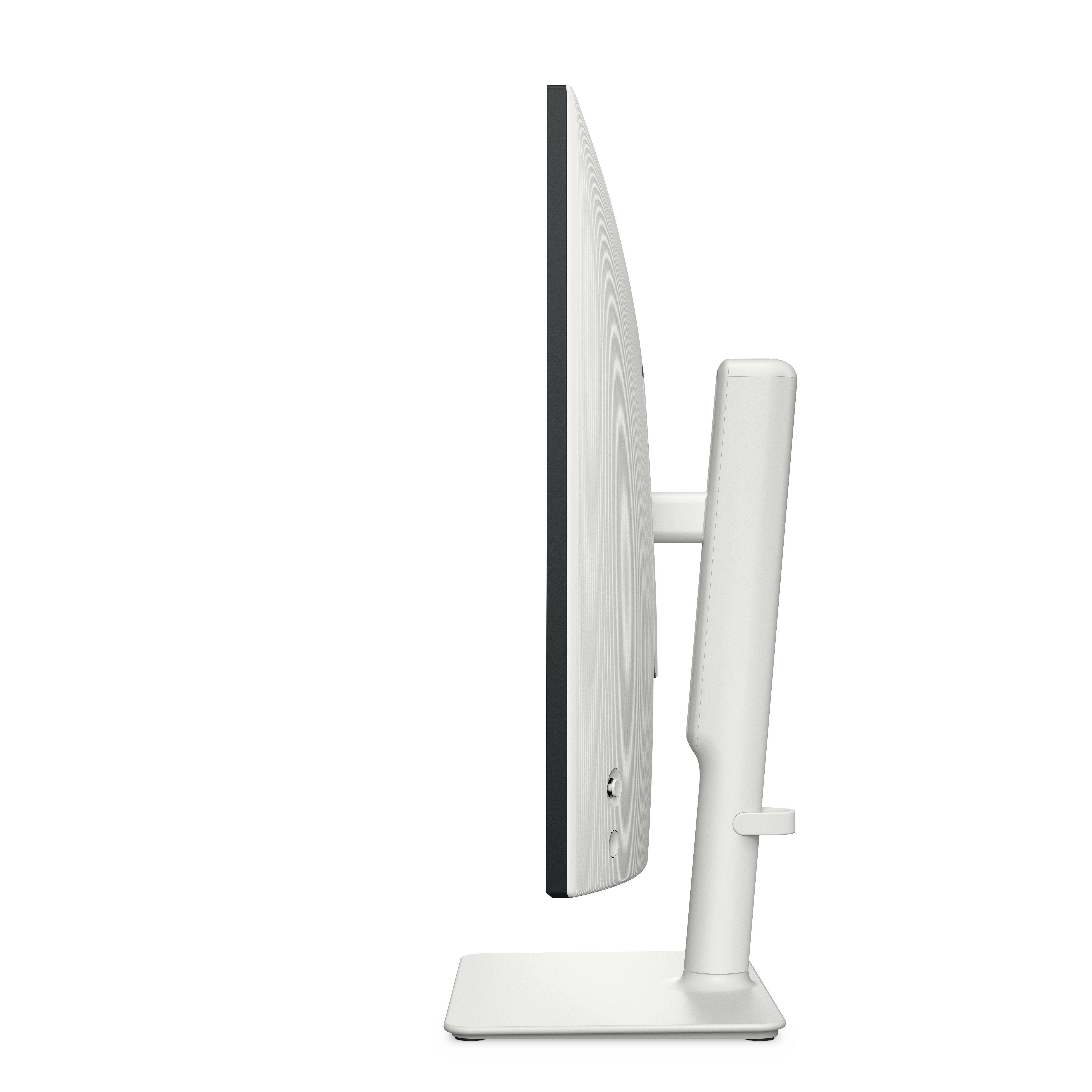 Widok z boku białego monitora komputera z białą podstawą.