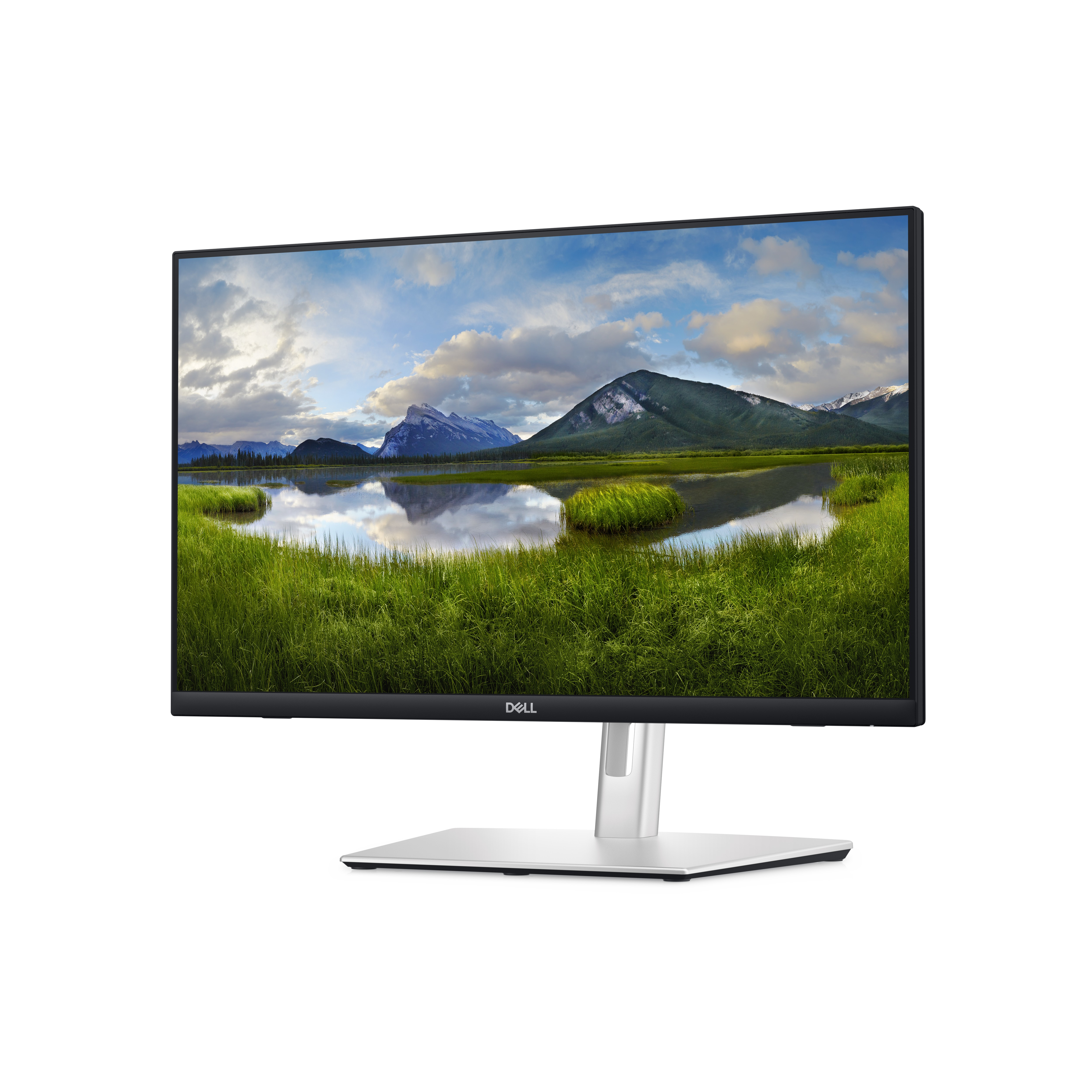 Ekranında manzara olan Dell monitör. Monitör siyah ve gümüş bir standa sahip.