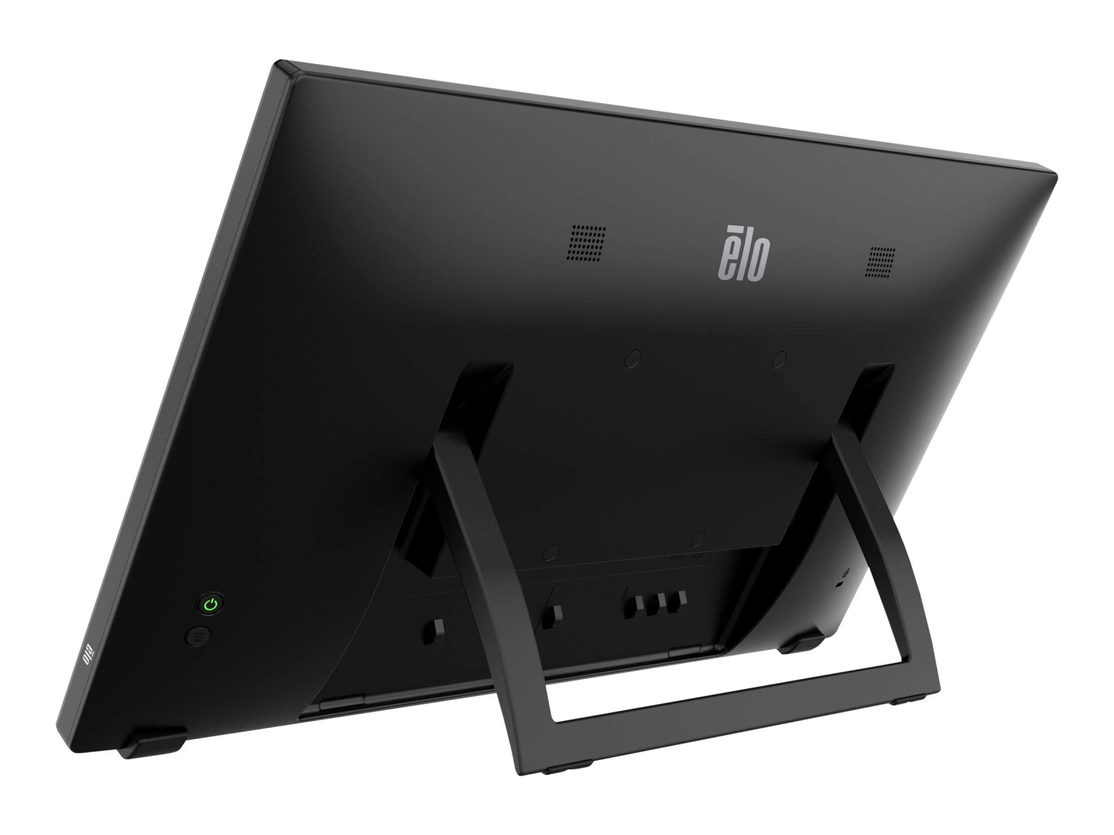 Tył czarnego monitora komputera, pokazujący podstawę i niektóre porty.