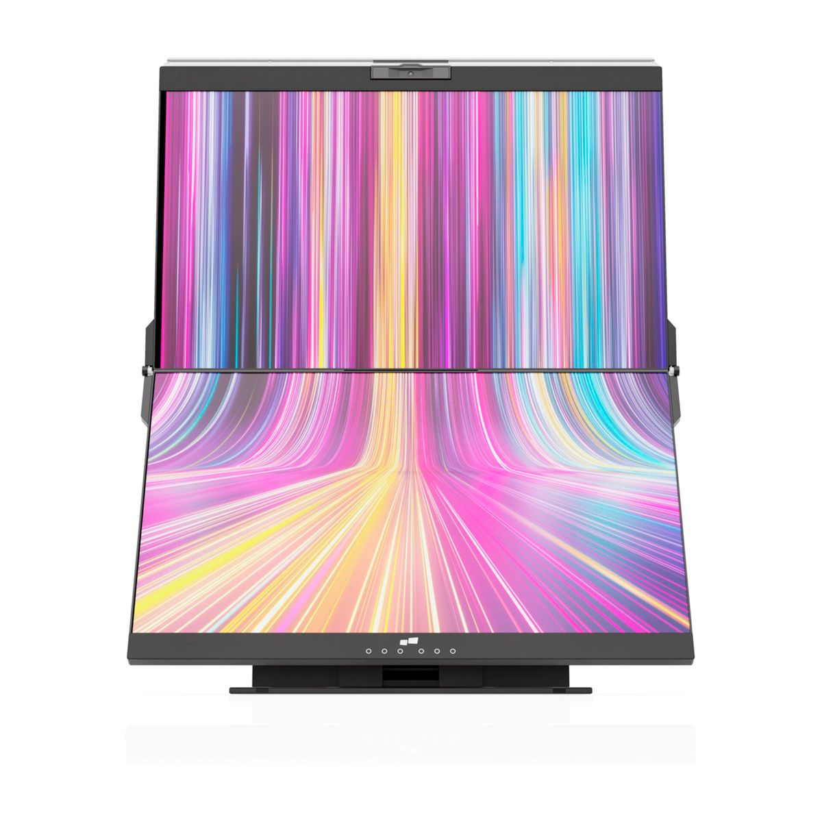 Monitor de dos pantallas con pantalla a rayas coloridas. Pantalla superior con cámara web.
