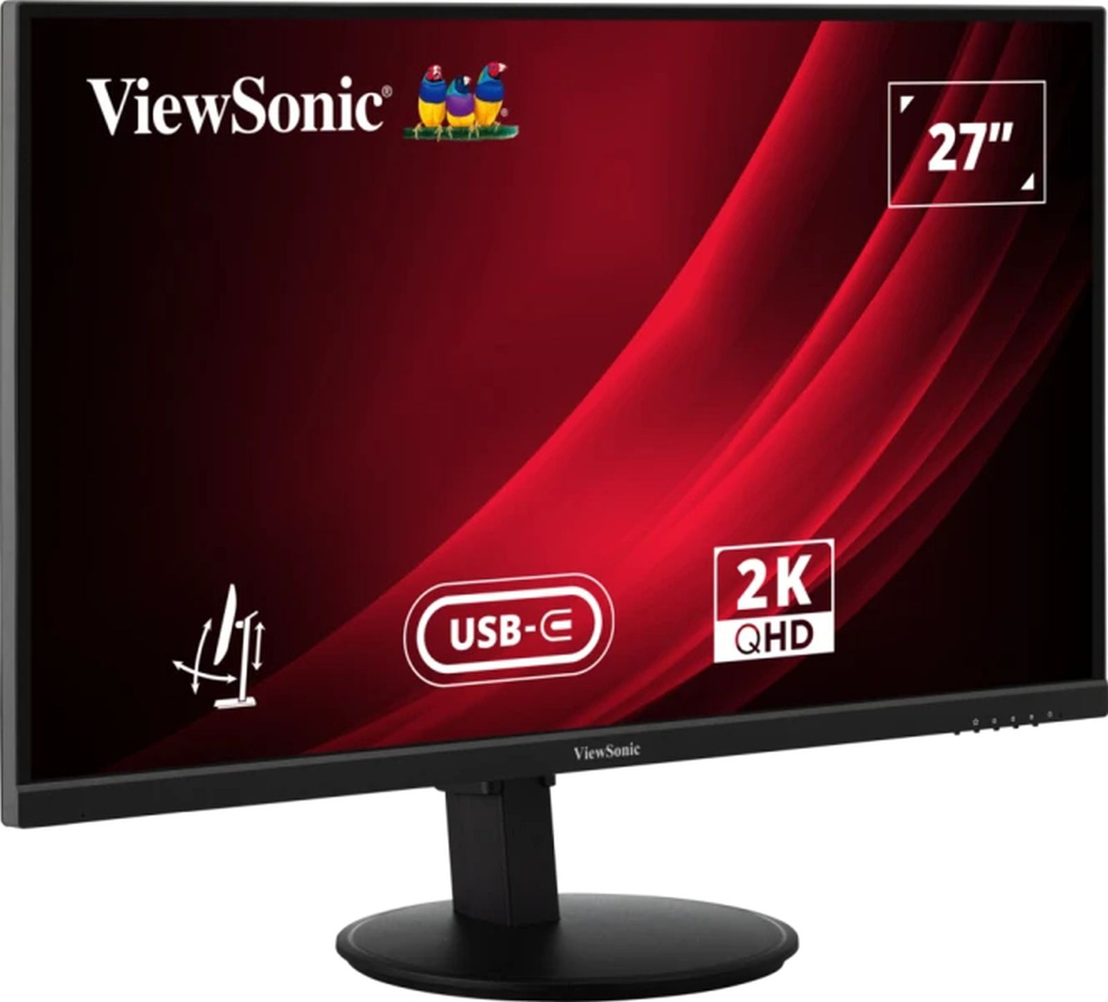 Een 27-inch computermonitor met een zwart frame, met een rood-zwarte achtergrond en USB-C.