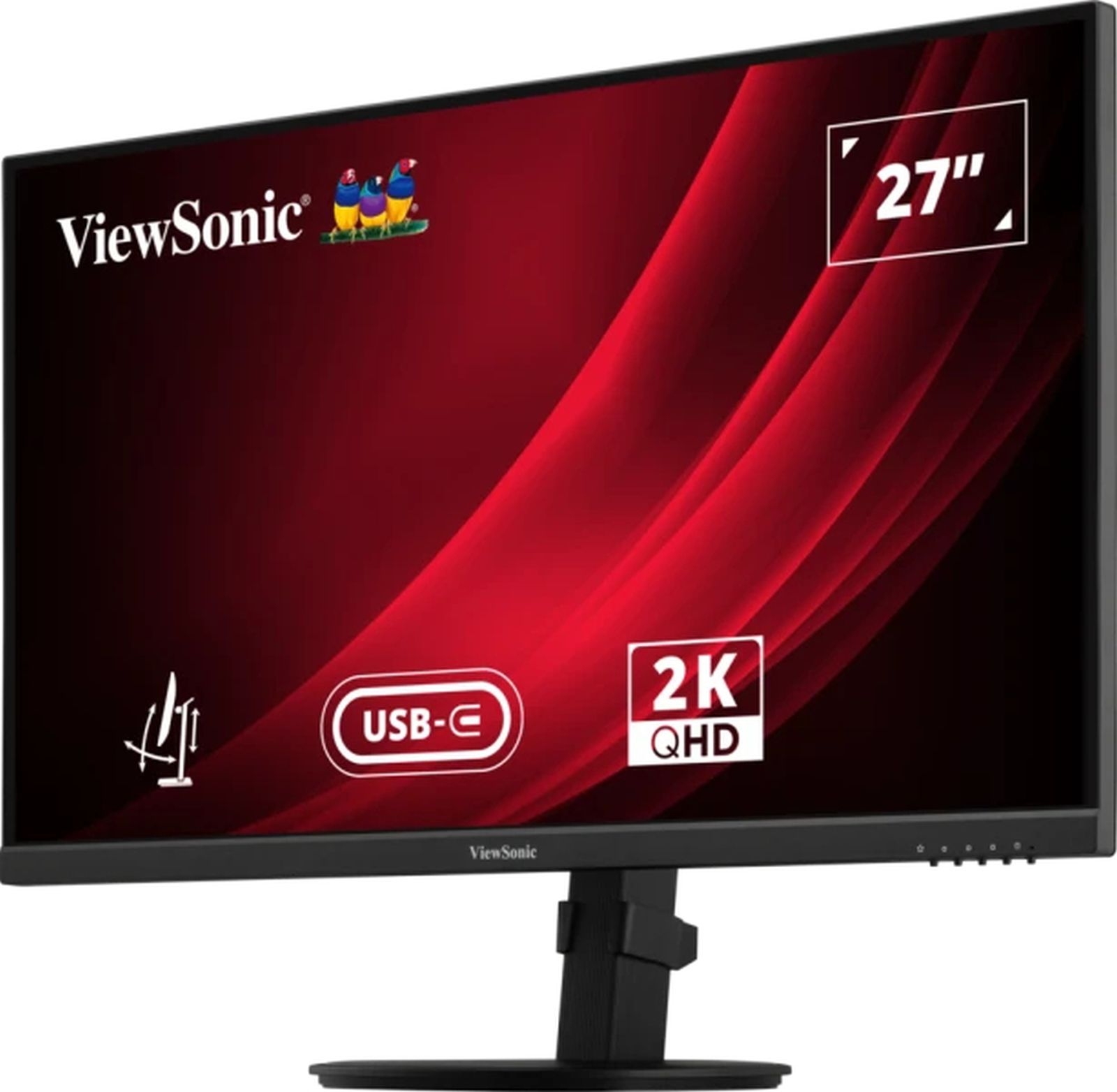 27-inch ViewSonic monitor met een rode achtergrond. Het scherm toont de merknaam en andere details.