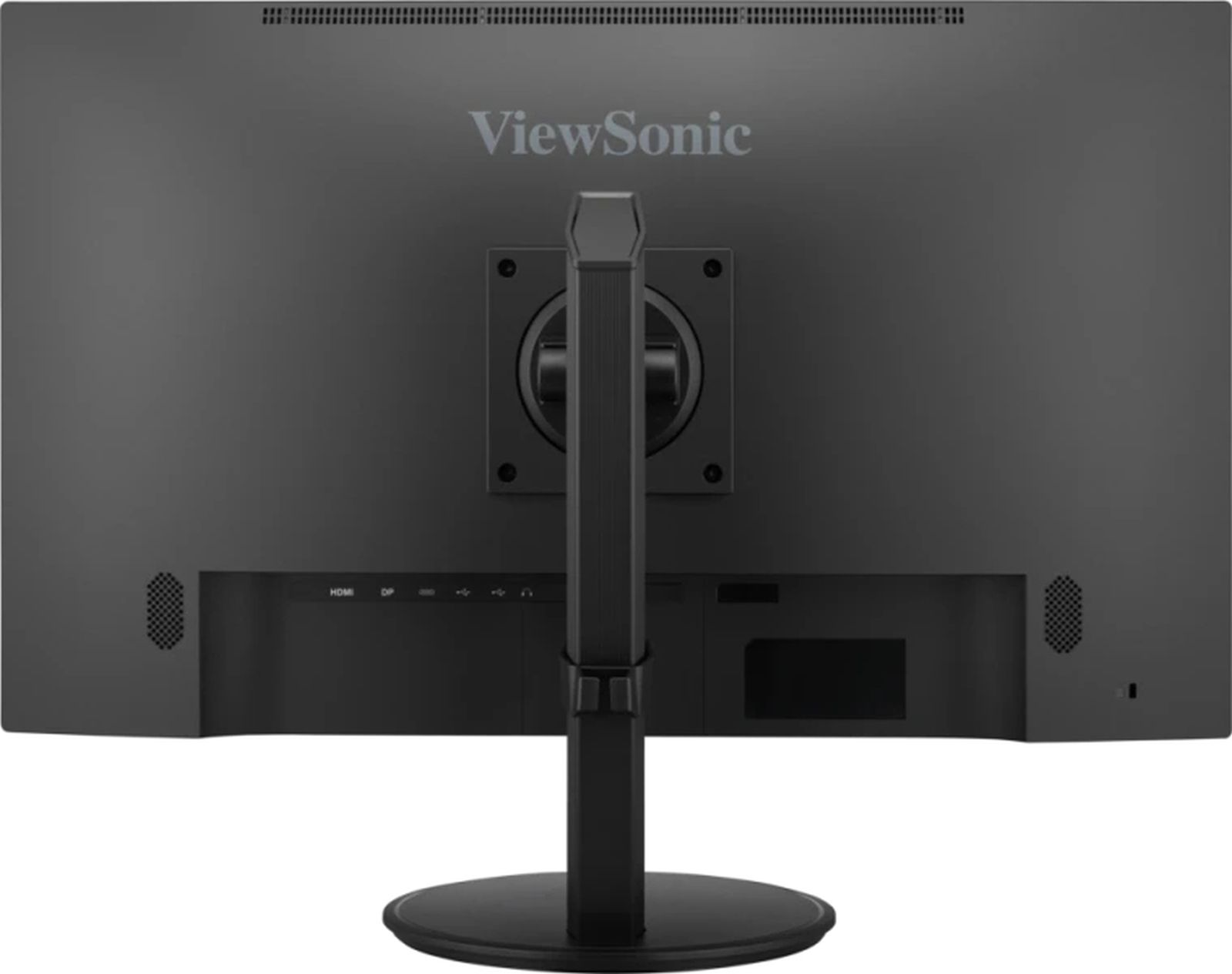 De achterkant van een zwarte computermonitor met diverse poorten en een standaard.