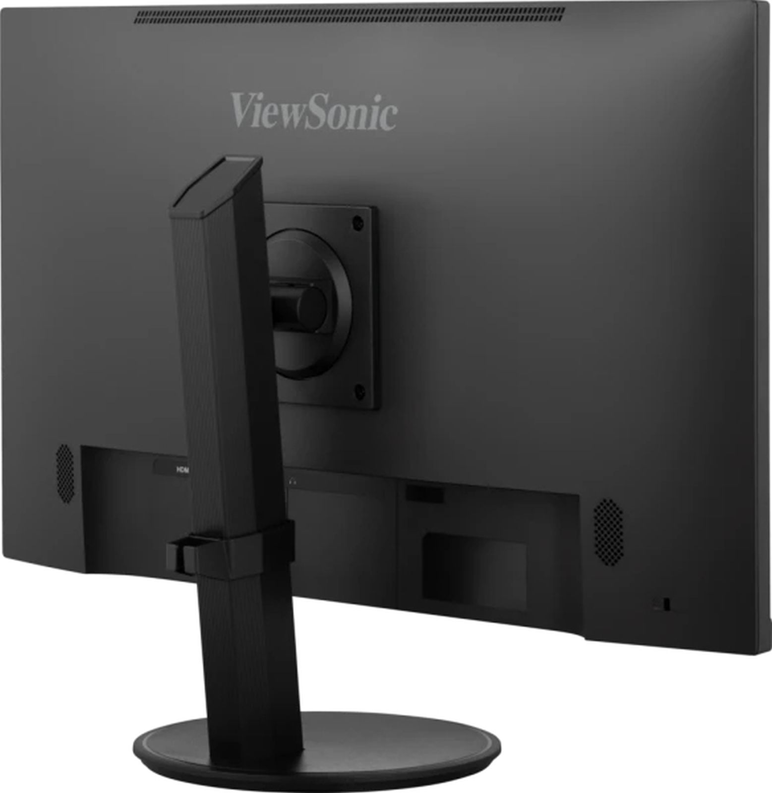 Achteraanzicht van een zwarte ViewSonic monitor op een standaard, met een zwarte standaard.