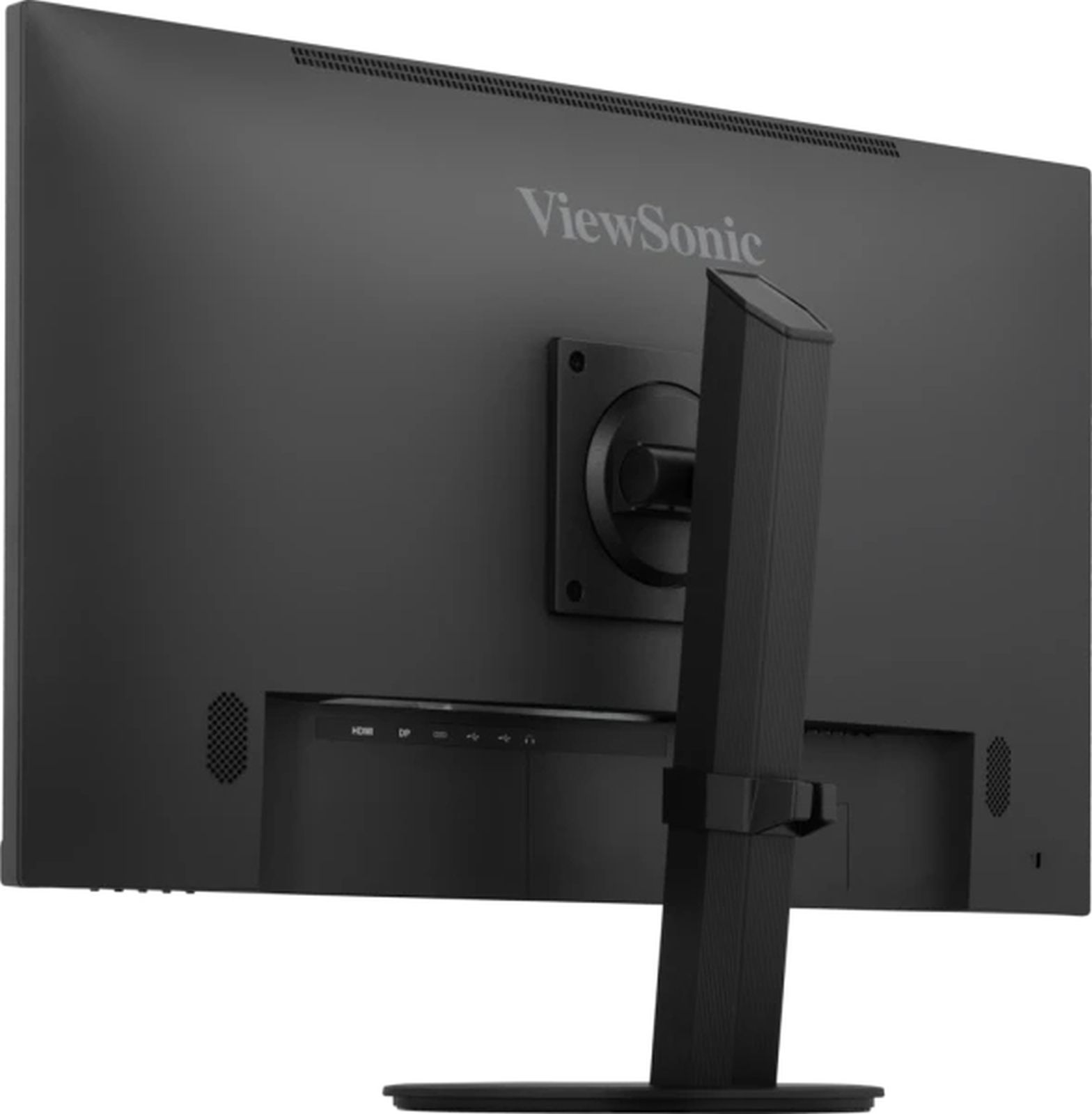 De achterkant van een zwarte ViewSonic-monitor met een standaard. Het toont de poorten en het ViewSonic-logo.
