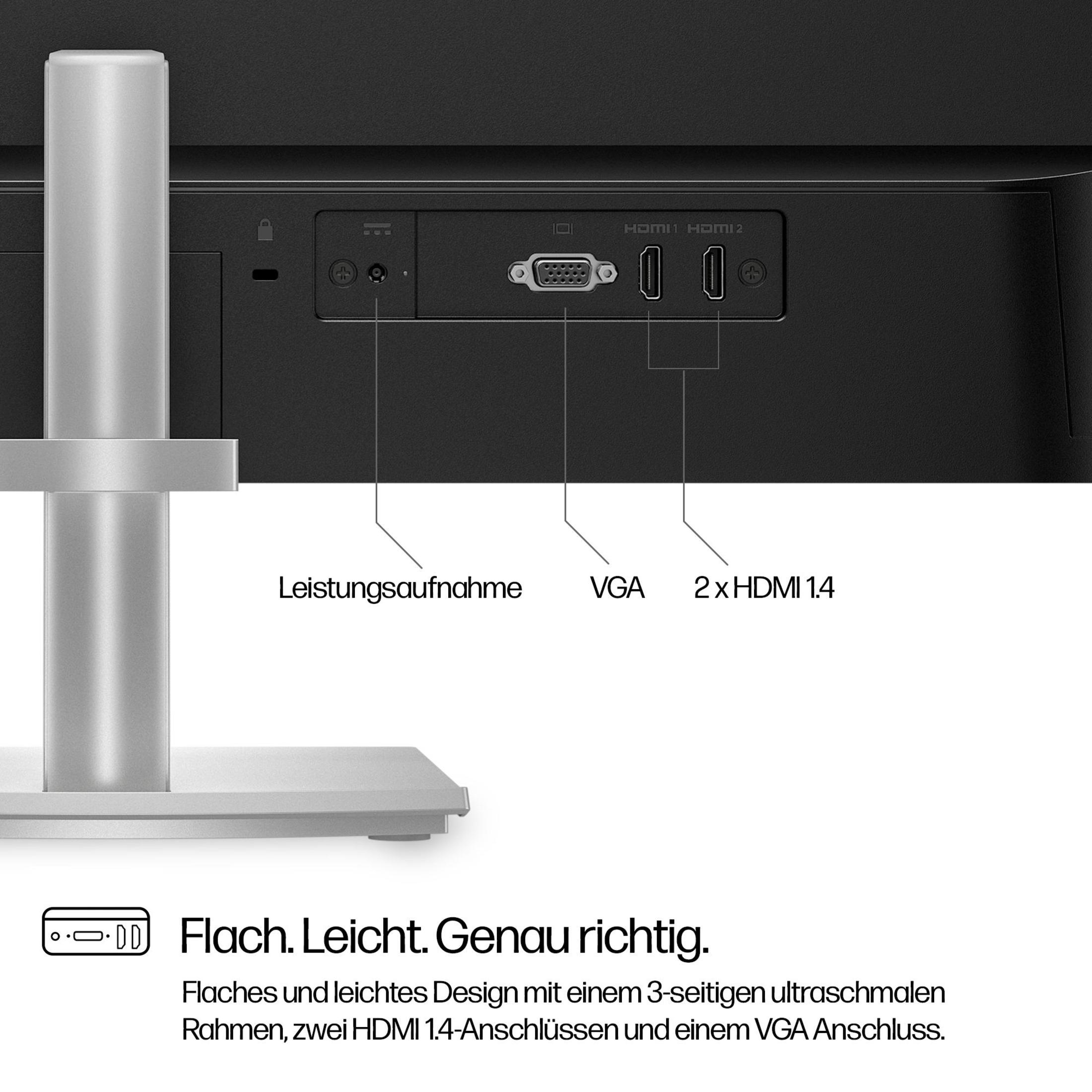 Zbliżenie na tył monitora z portami i podstawą. Monitor ma srebrną podstawę.