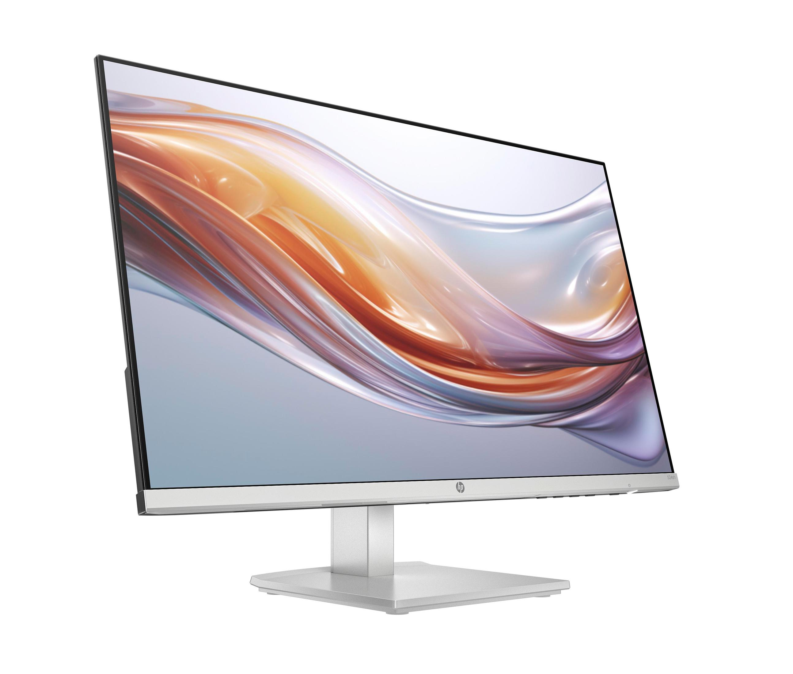 Srebrny monitor HP z zakrzywionym ekranem, pokazującym abstrakcyjne pomarańczowe i białe kolory.