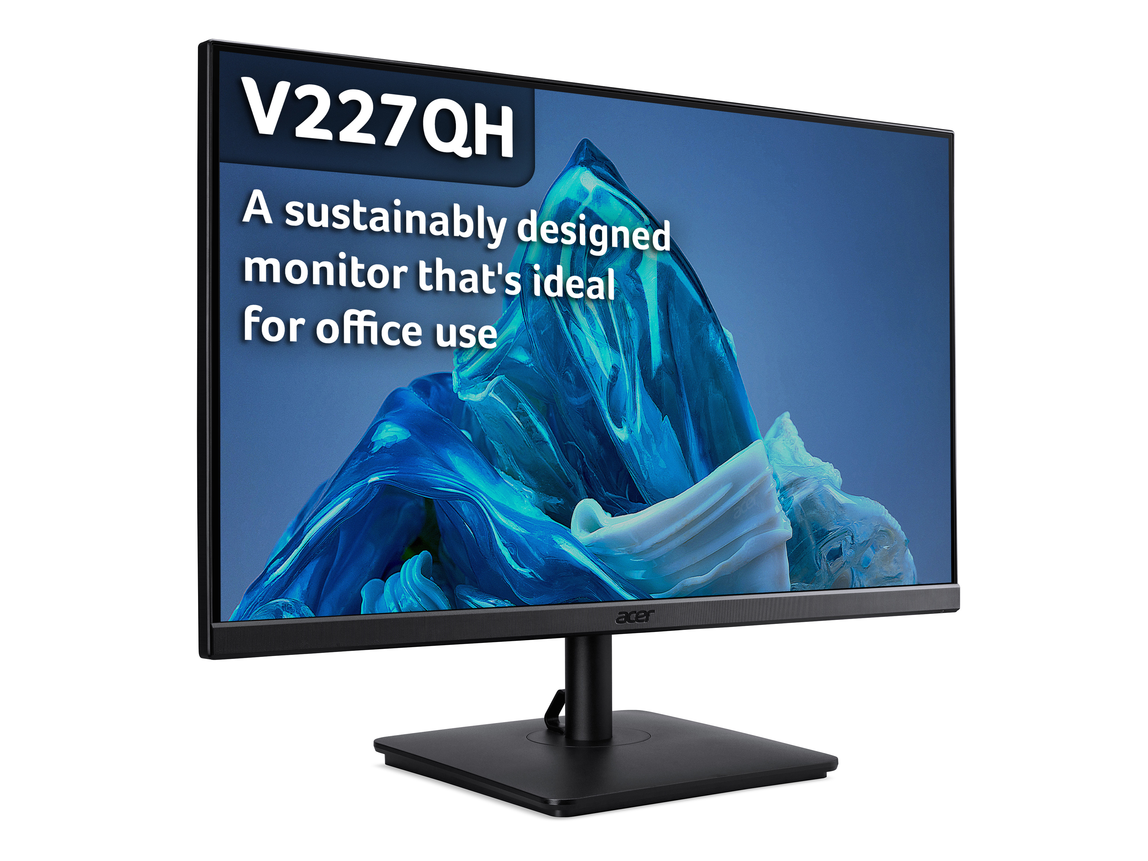 Monitor Acer V227QH che mostra un display progettato in modo sostenibile, ideale per l'uso in ufficio, con cornice nera.