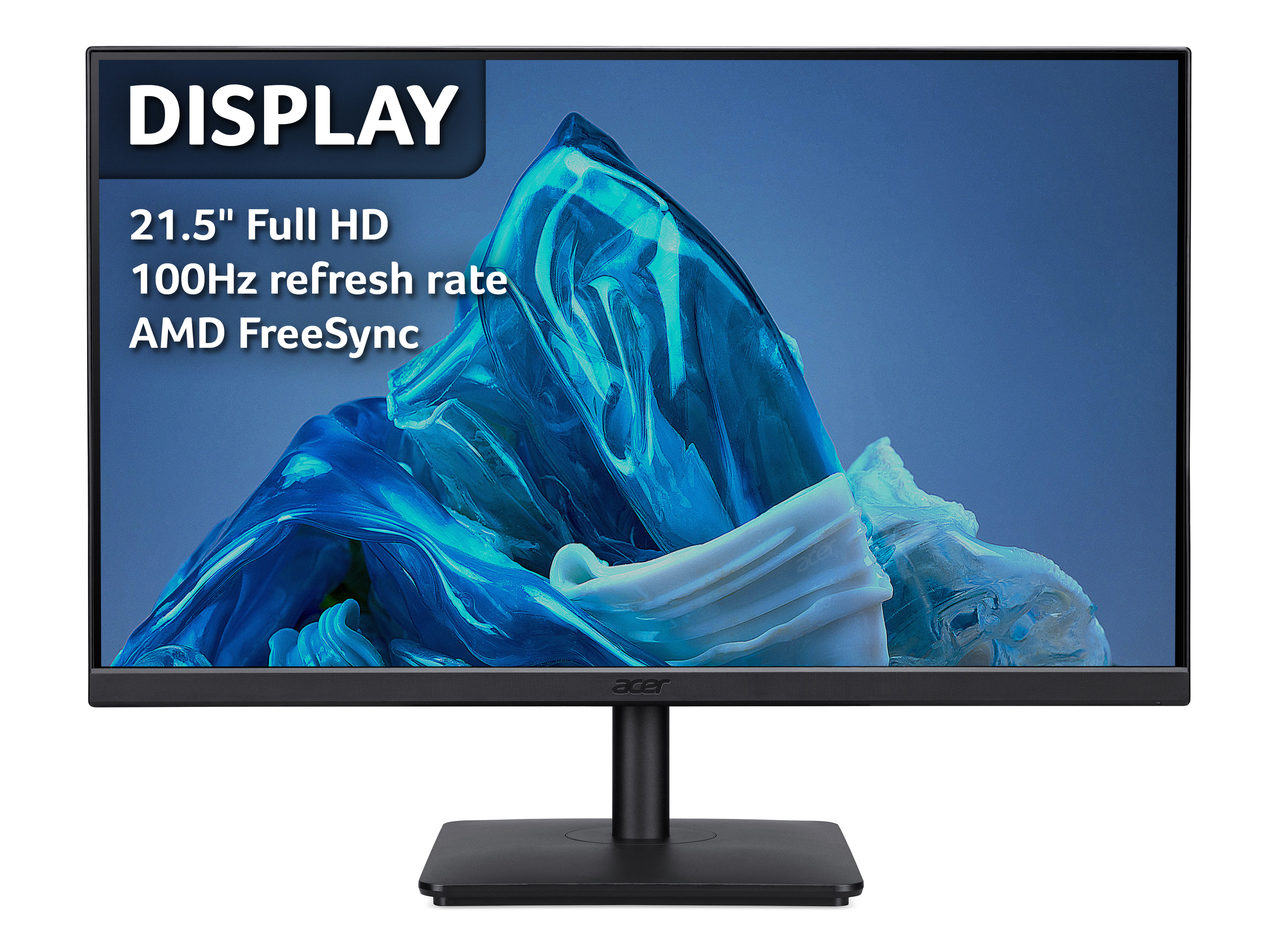Monitor per computer nero con testo: 'DISPLAY', specifiche e sfondo blu astratto.