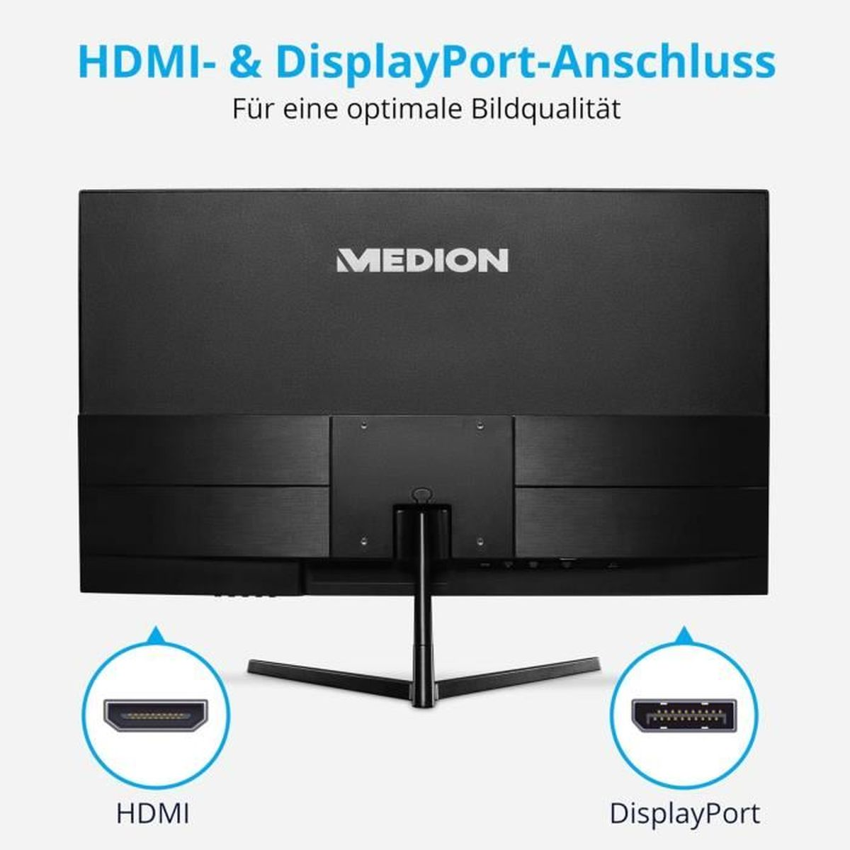 Widok z tyłu czarnego monitora Medion, podkreślający połączenia HDMI i DisplayPort z oznaczonymi schematami.