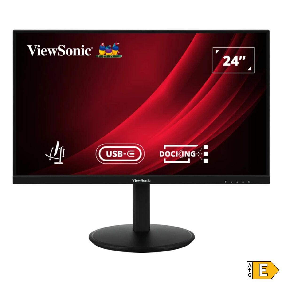 Monitor ViewSonic 24" z czarną podstawą. Czerwone tło z logo i dokowaniem USB-C.