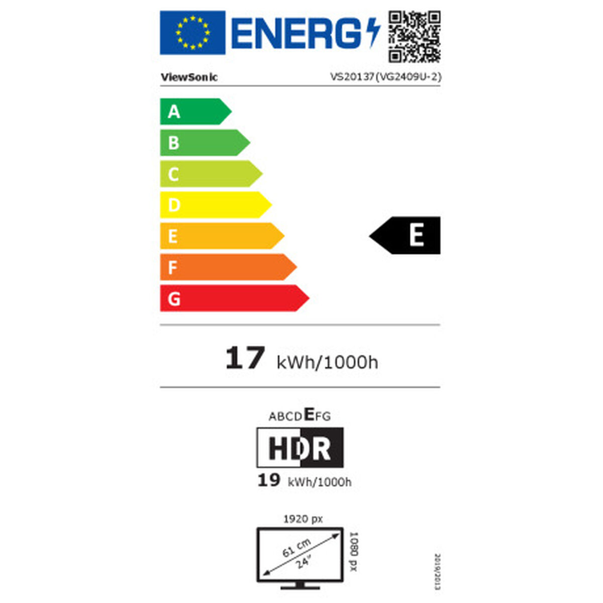 Etykieta energetyczna dla monitora ViewSonic. Wyświetla klasę efektywności energetycznej E i szczegóły.