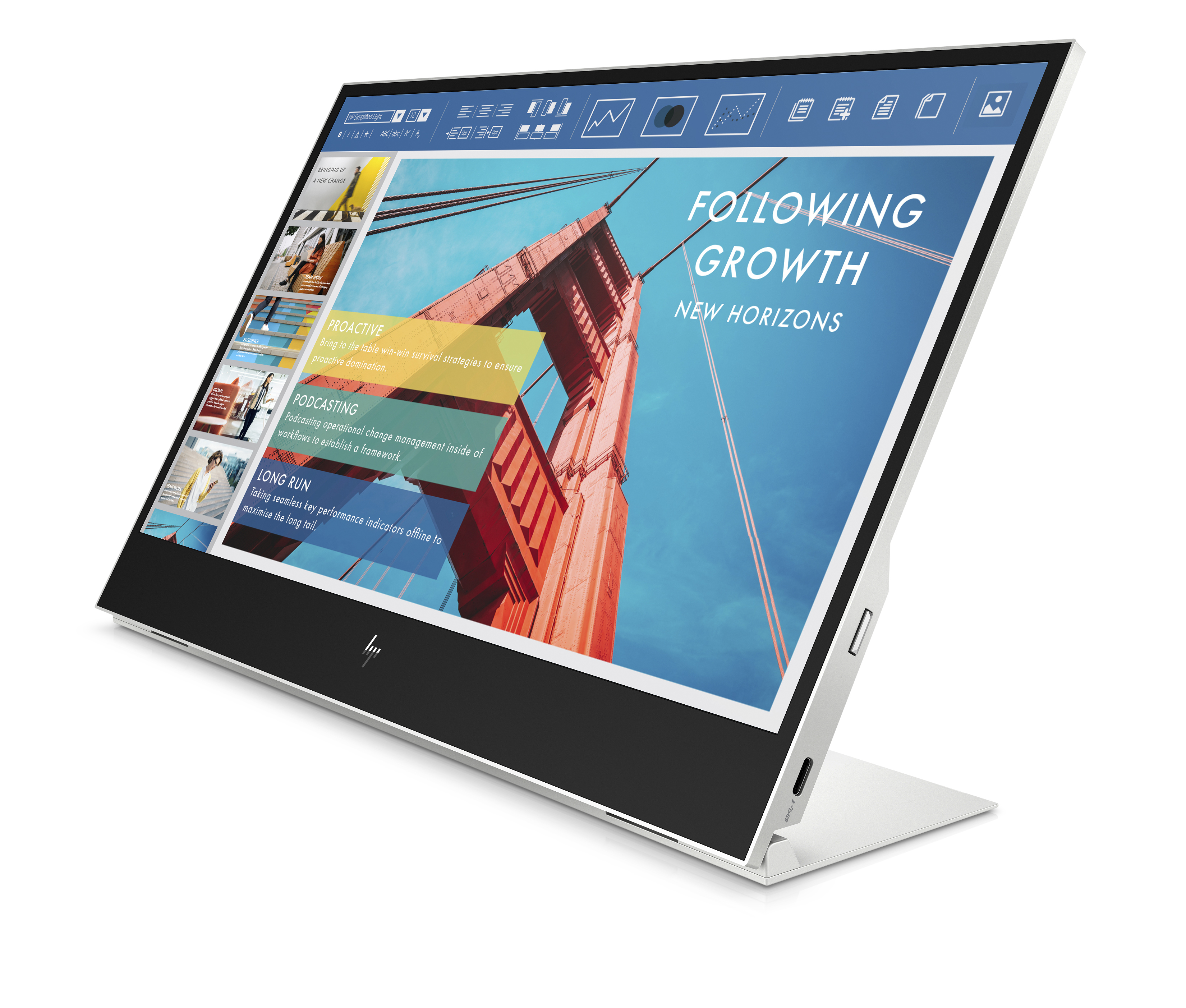 Monitor HP con una presentazione sulla crescita. Bianco e argento. Sfondo bianco.