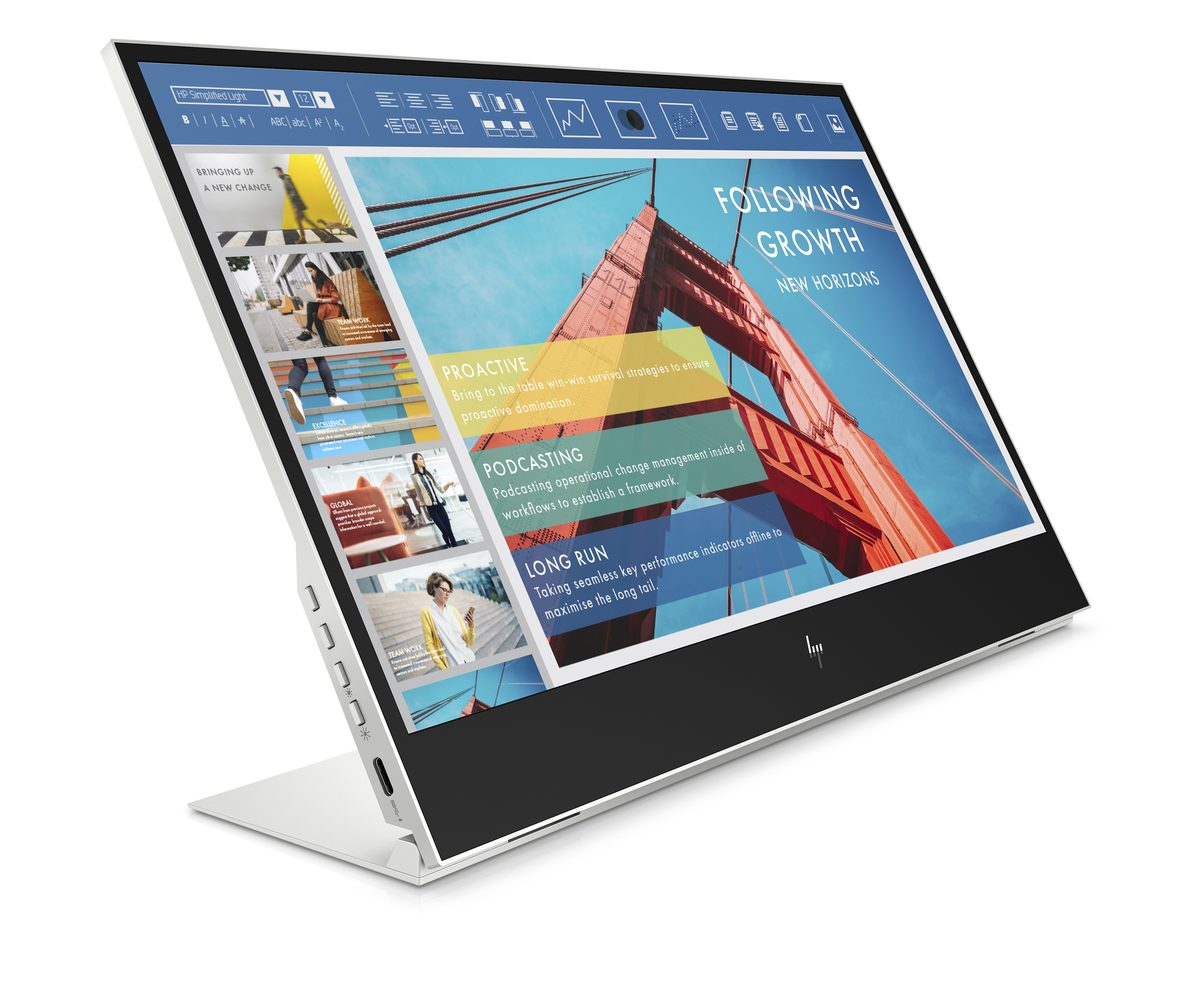 Monitor HP, schermo che mostra una presentazione, angolato e con base argentata.