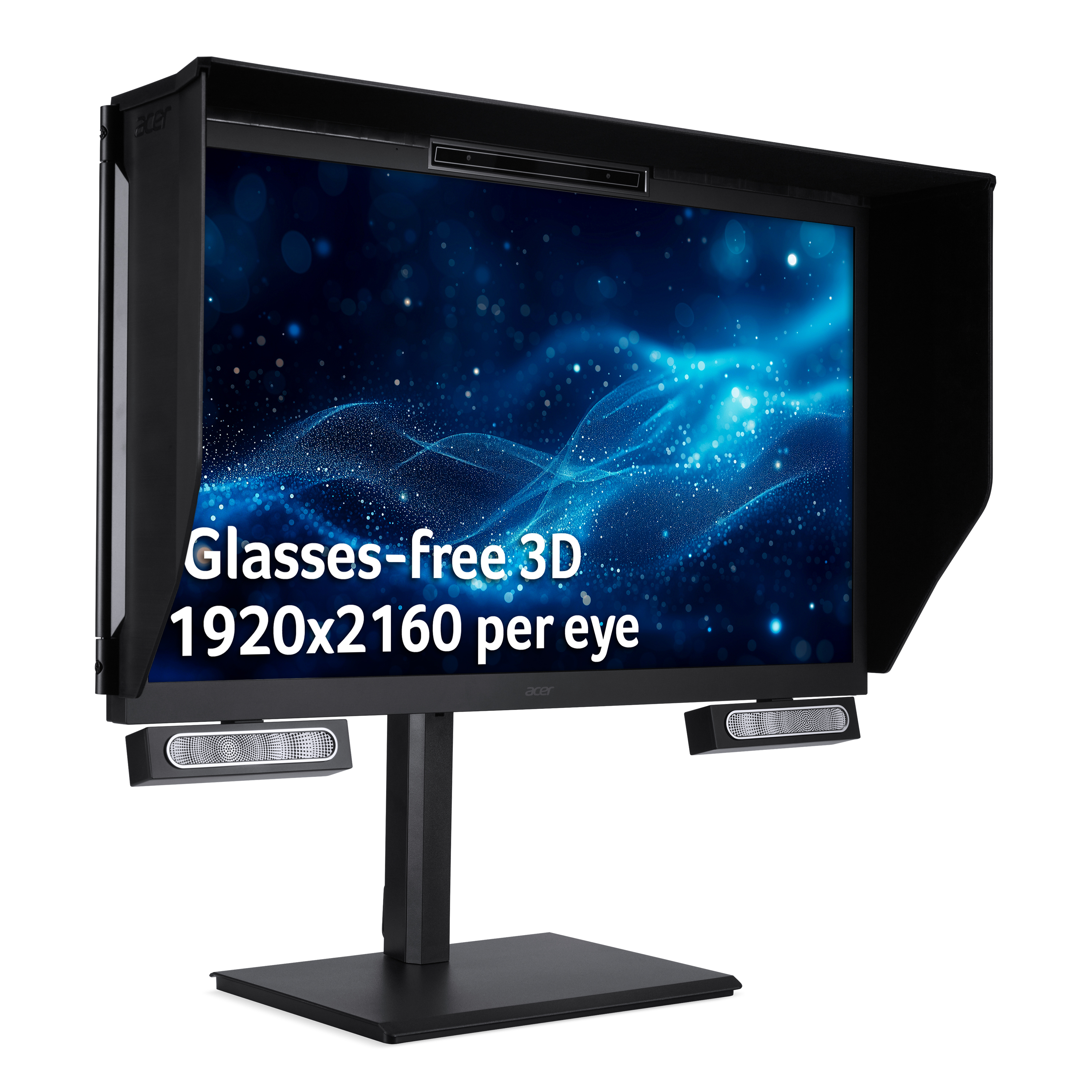 Monitor Acer z wyświetlaczem 3D bez okularów, z niebieskim abstrakcyjnym tłem.