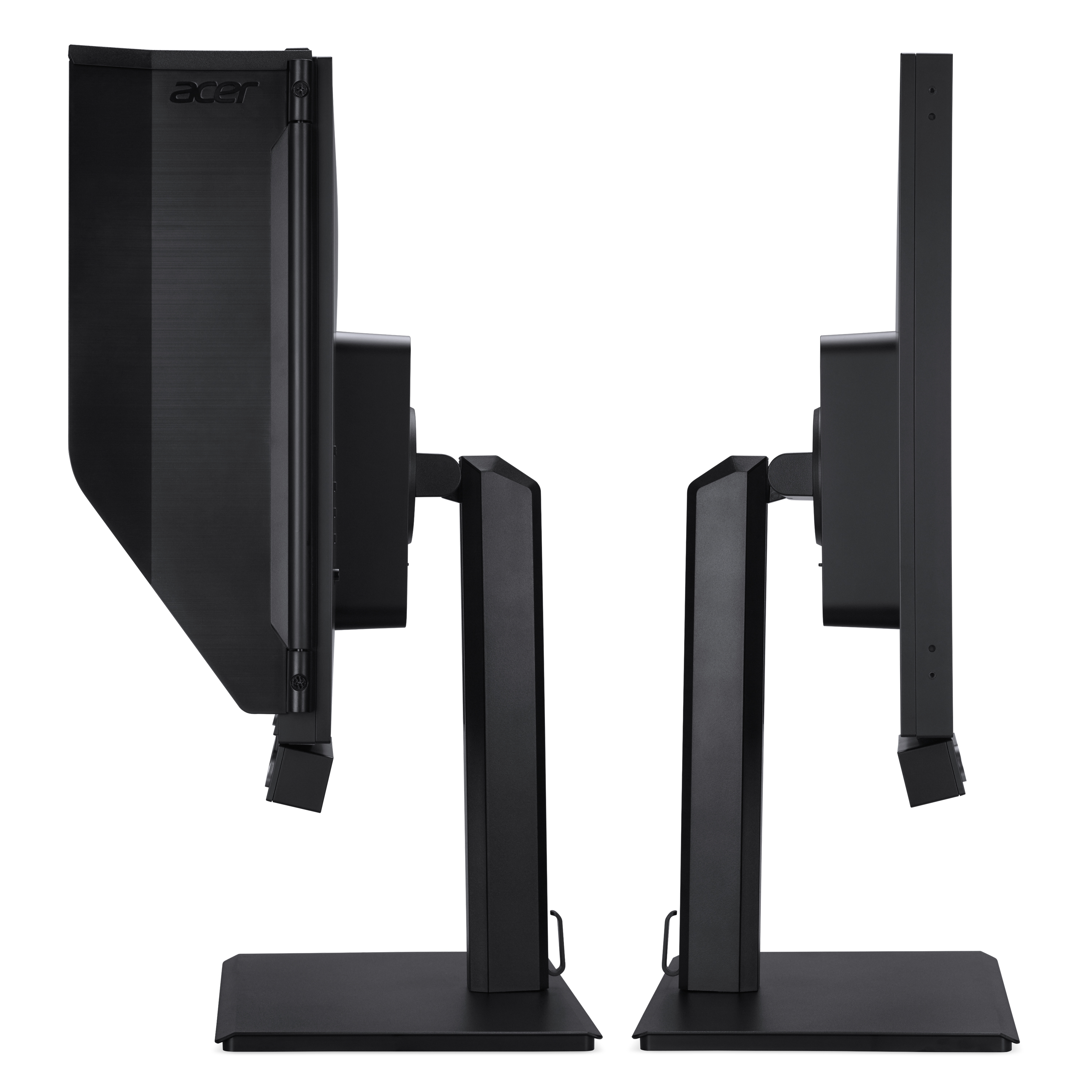 Widok z boku dwóch monitorów komputerowych, z czarnymi ramkami i podstawkami.