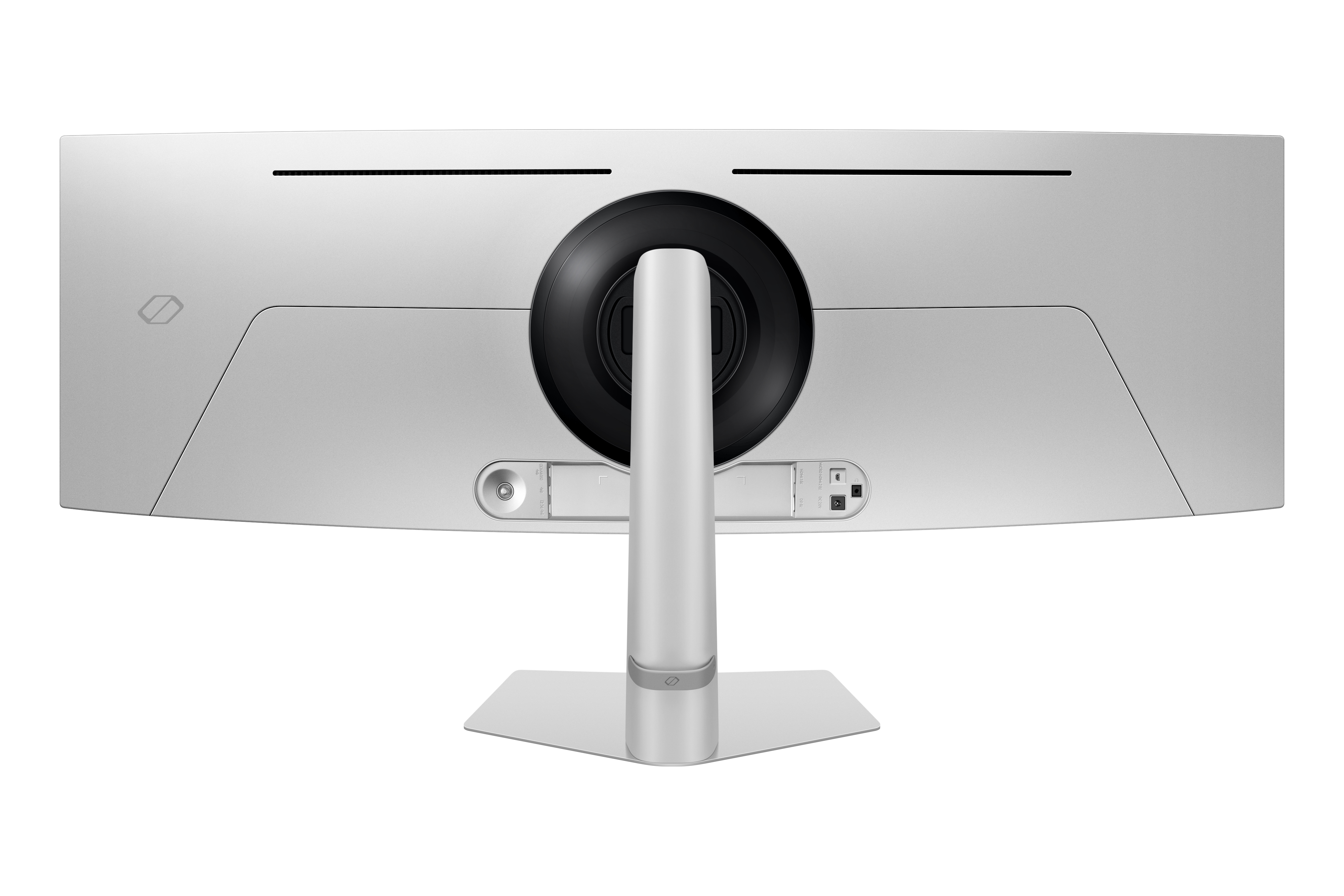 Widok z tyłu srebrnego monitora z czarnym środkiem. Podstawa jest srebrna. Białe tło.