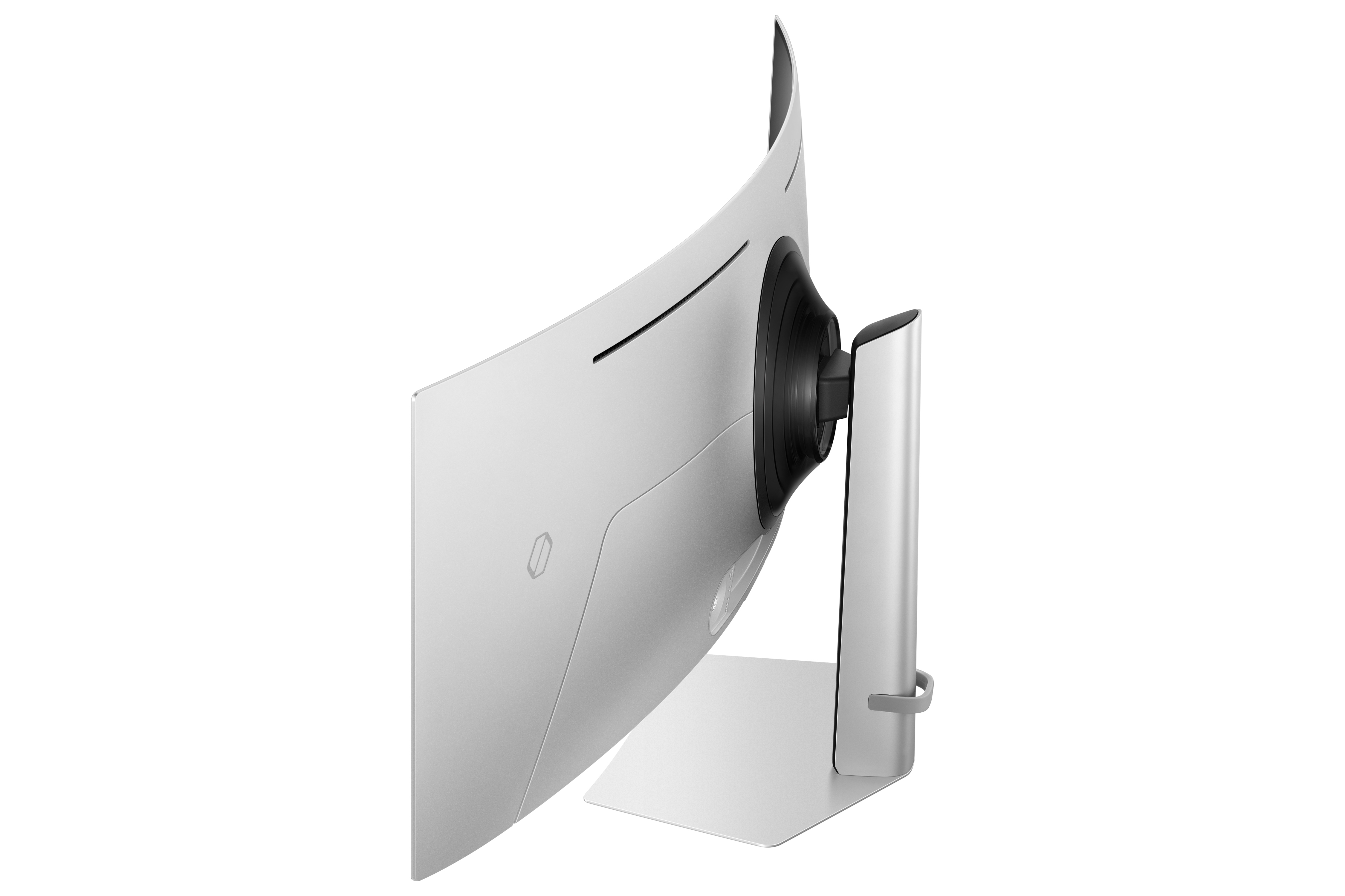 Widok z boku zakrzywionego monitora komputera z tyłem skierowanym do widza.