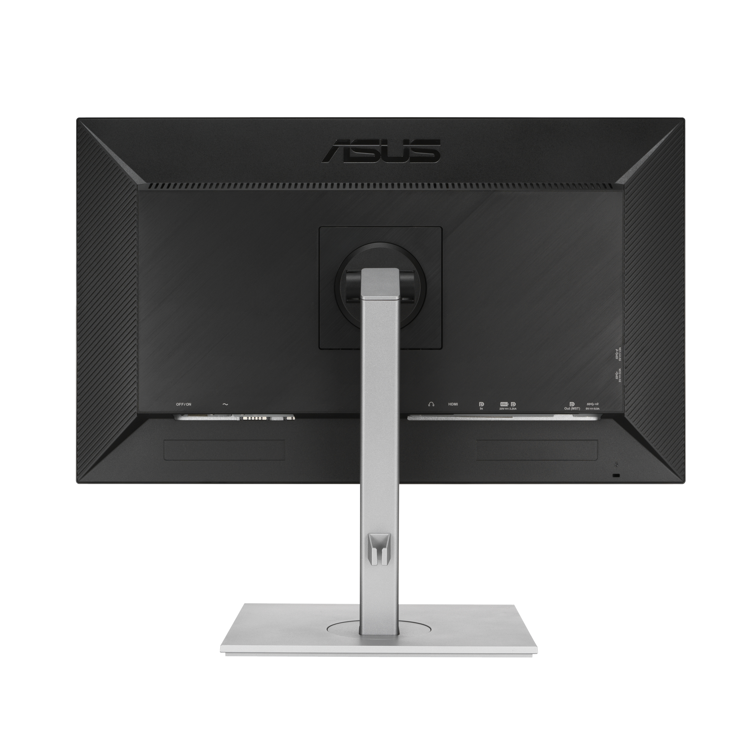 Vista trasera de un monitor ASUS con soporte metálico y puertos. La parte trasera es texturizada.