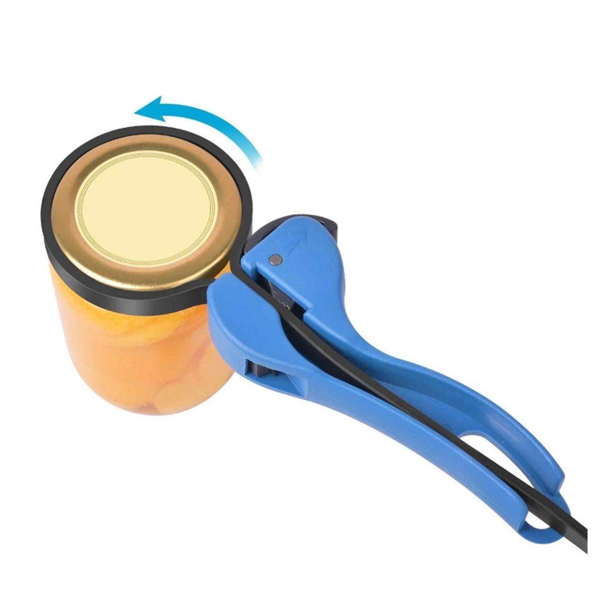 Ein blauer Gläseröffner wird um ein Glas geklemmt. Ein blauer Pfeil zeigt die Öffnungsrichtung an.