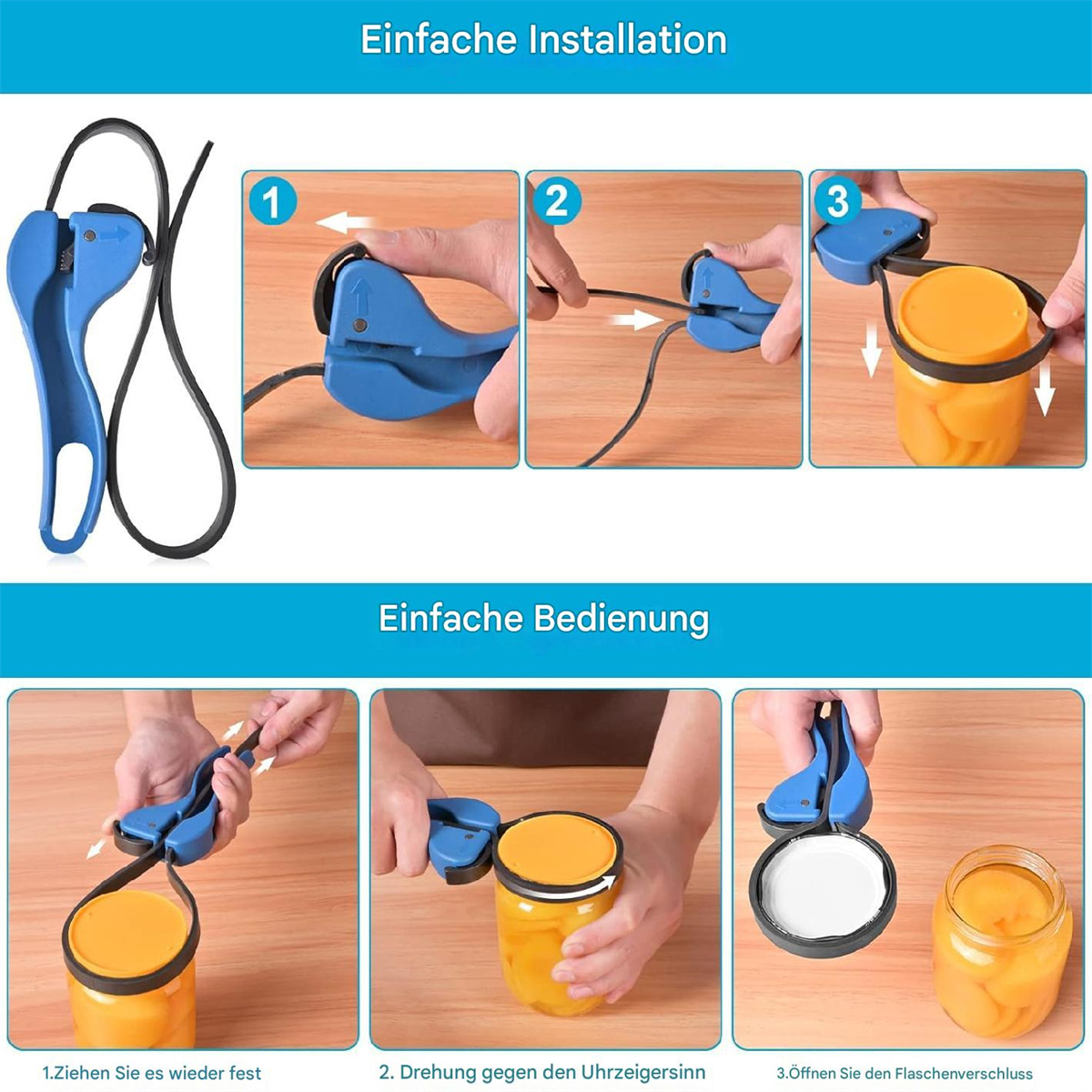Ein blauer Gläseröffner wird in Schritten gezeigt. Der Öffner wird verwendet, um ein Glas Pfirsiche zu öffnen.