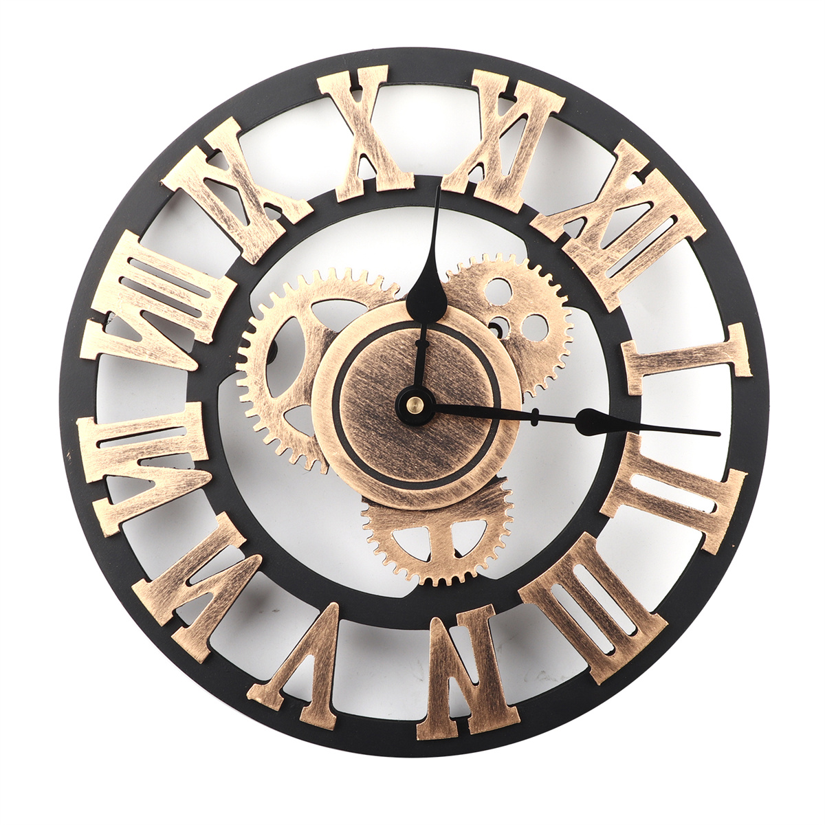 Eine schwarze Uhr mit goldenen römischen Ziffern und Zahnrädern.