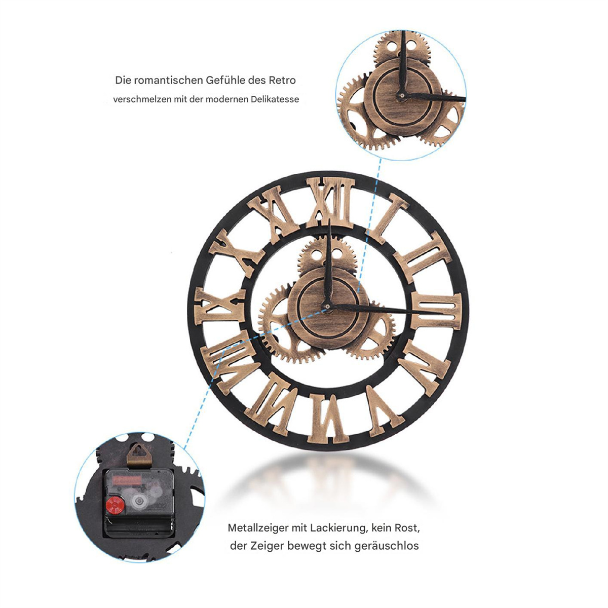 Nahaufnahme einer dekorativen Uhr. Goldene römische Ziffern, schwarzer Rahmen. Zahnräder und Zeiger sichtbar.